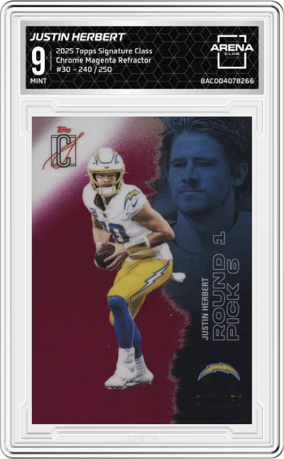 2025 Topps Signature Class Justin Herbert Chrome Magenta Refractor #30 ARENA CLUB 9