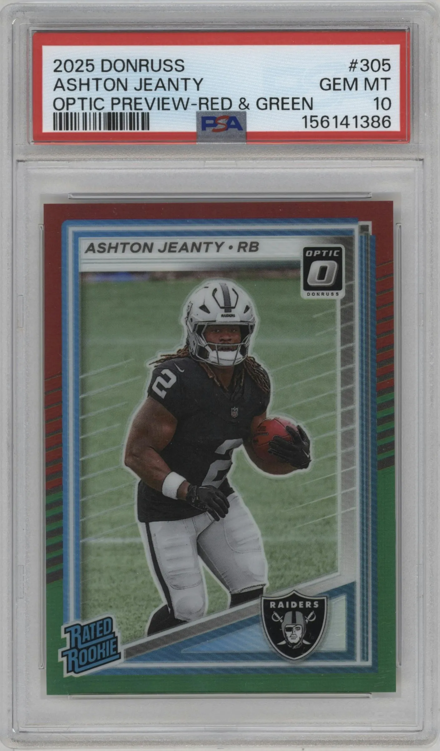2025 Panini Donruss Opt.Rtd.Rke.Prev. Ashton Jeanty Red and Green #305 PSA 10
