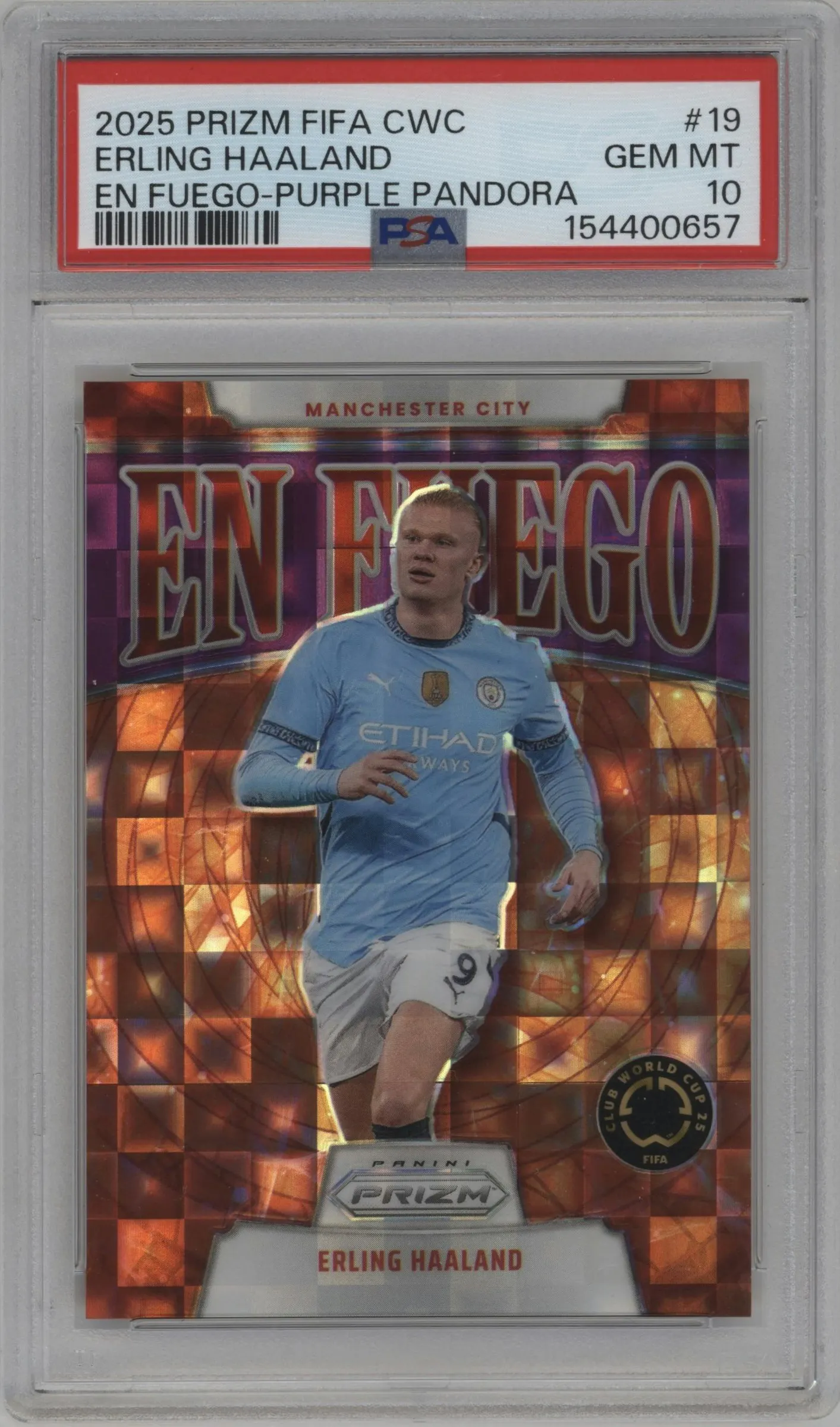 2025 Panini Prizm FIFA Club World Cup En Fuego Erling Haaland Purple Pandora # 19 # 19 PSA 10