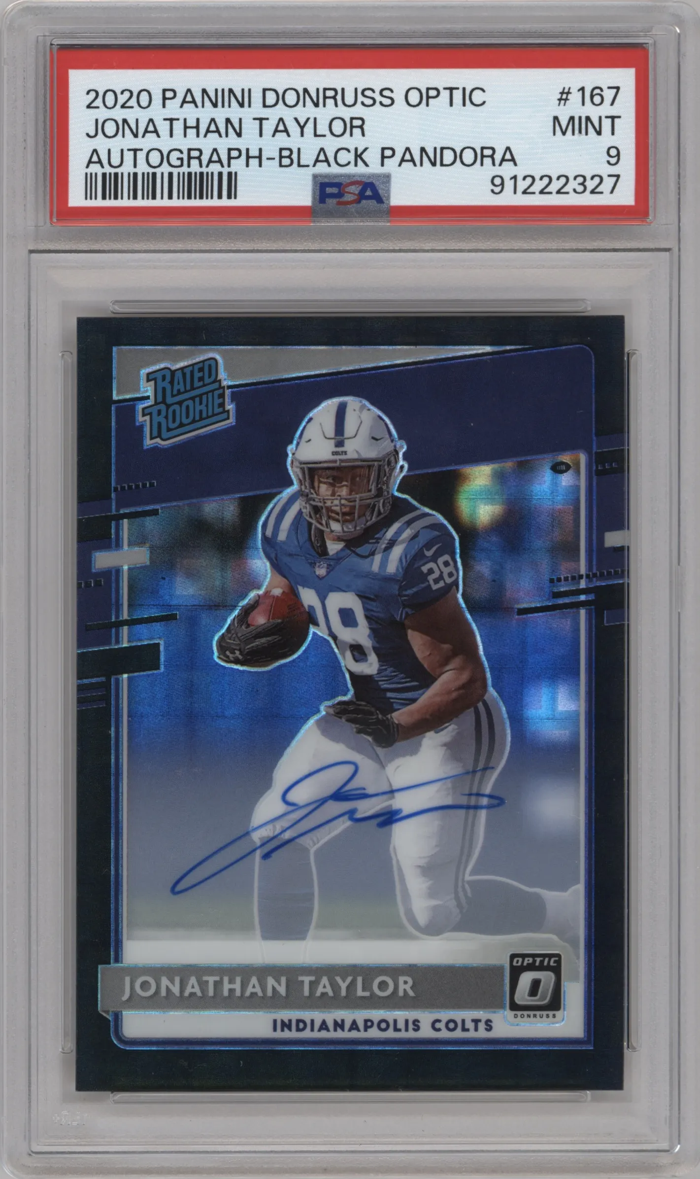 2020 Panini Donruss Optic Rtd.Rke.Auto Jonathan Taylor Black Pandora #167 PSA 9