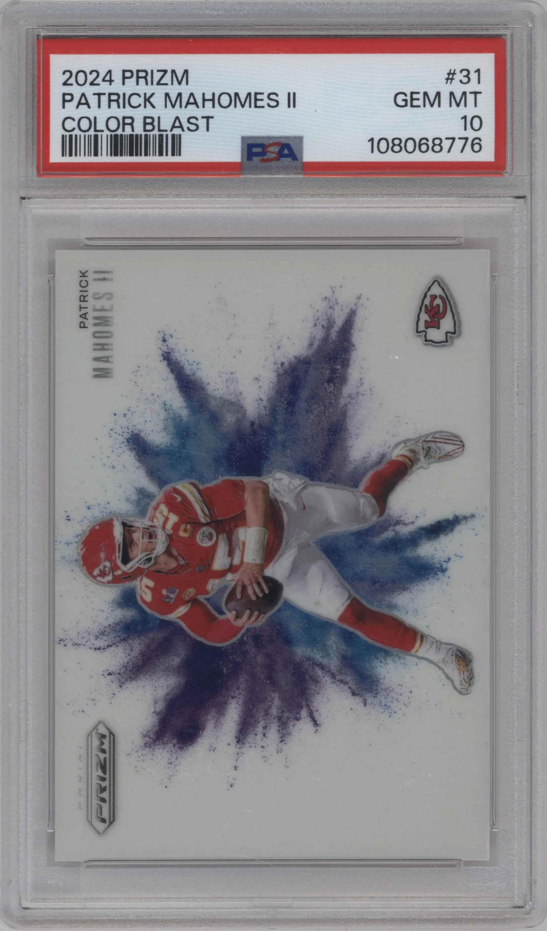 Patrick Mahomes II from the 2024 Panini Prizm set graded by PSA and given an overall grade of 10.