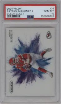 Patrick Mahomes II from the 2024 Panini Prizm set graded by PSA and given an overall grade of 10.