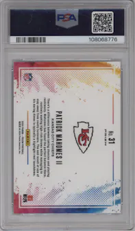 Patrick Mahomes II from the 2024 Panini Prizm set graded by PSA and given an overall grade of 10.