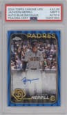 Jackson Merrill from the 2024 Topps Chrome Update set featuring a Blue RayWave Refractor parallel graded by PSA and given an overall grade of 9.