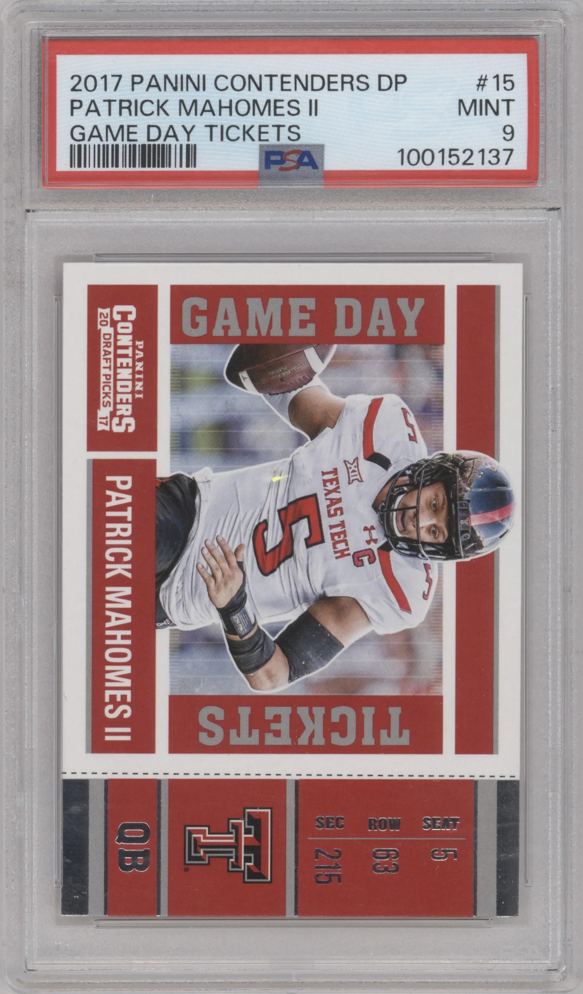 Patrick Mahomes II from the 2017 Panini Contenders Draft Picks set graded by PSA and given an overall grade of 9.
