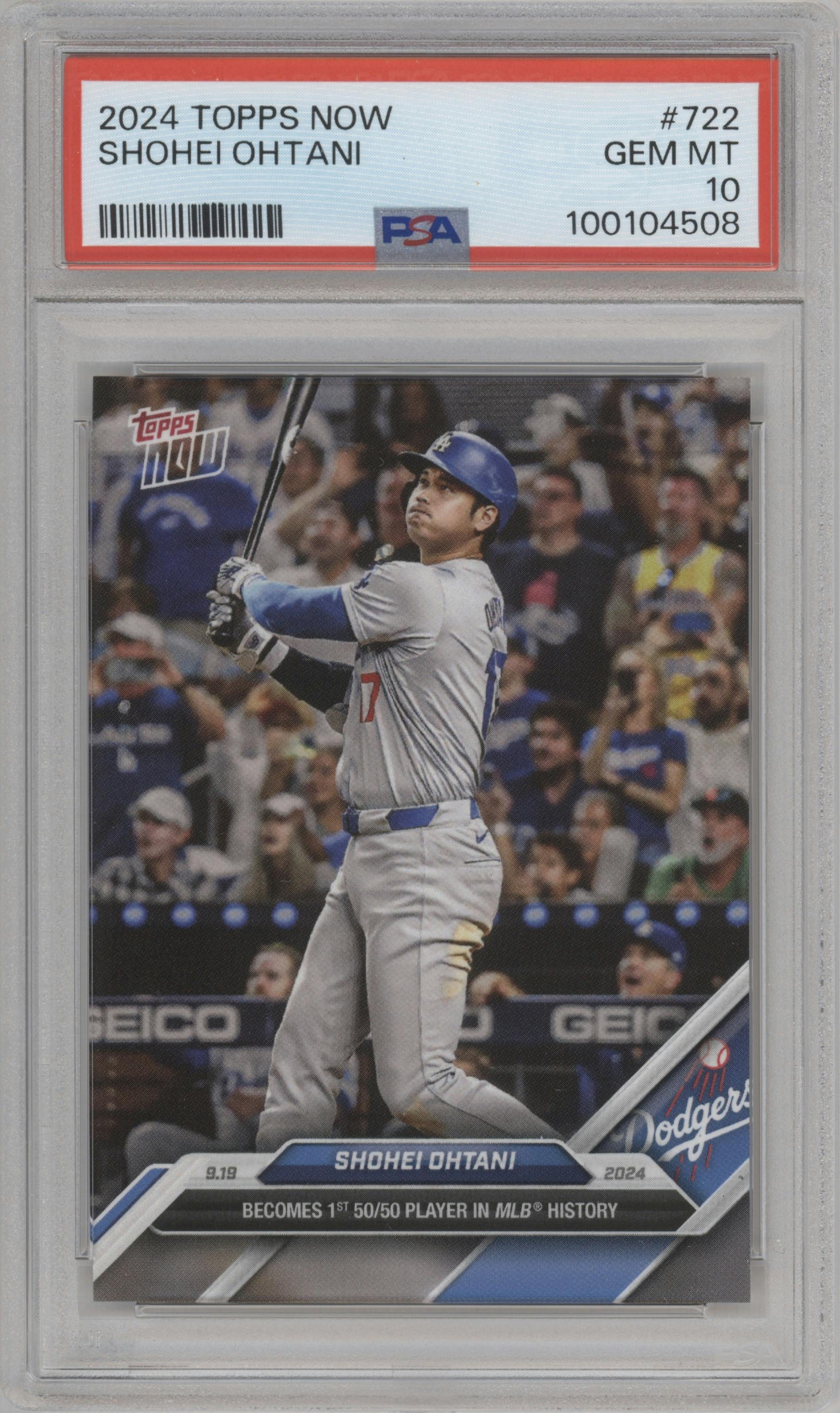 Shohei Ohtani from the 2024 Topps Now set graded by PSA and given an overall grade of 10.