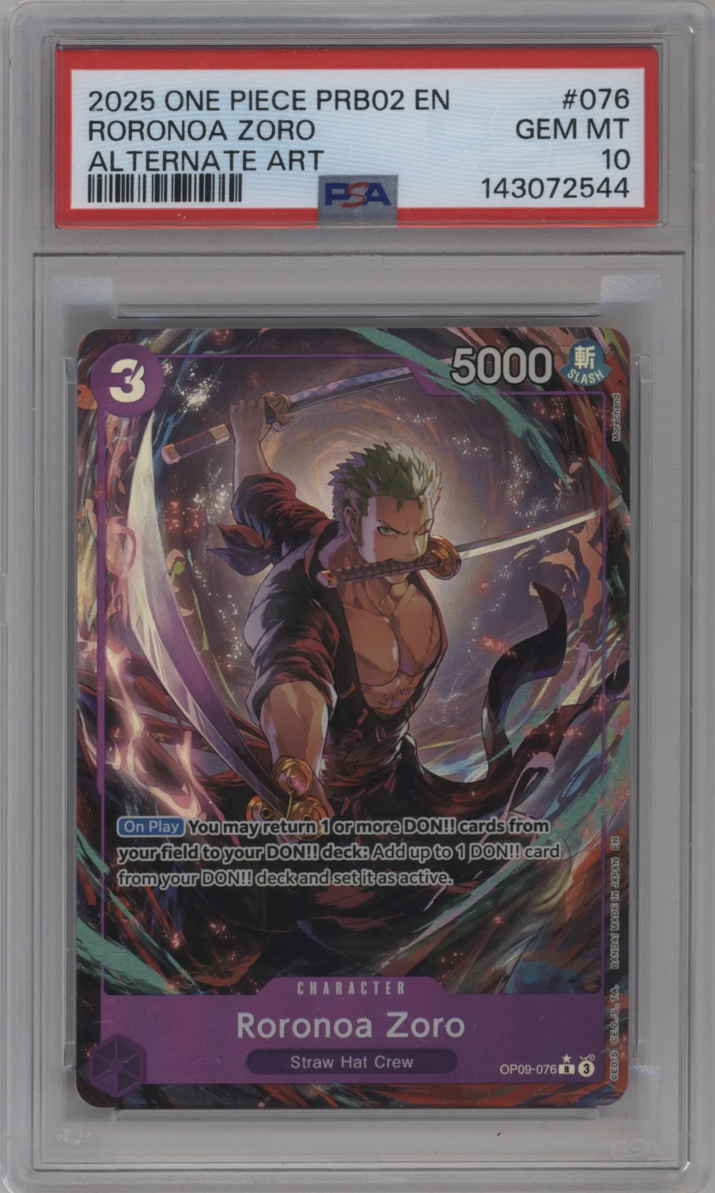 2025 One Piece PB The Best Roronoa Zoro Alternate Art R #OP09-076 R PSA 10