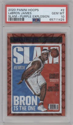 LeBron James from the 2020-21 Panini NBA Hoops set featuring a Purple Explosion parallel graded by PSA and given an overall grade of 10.
