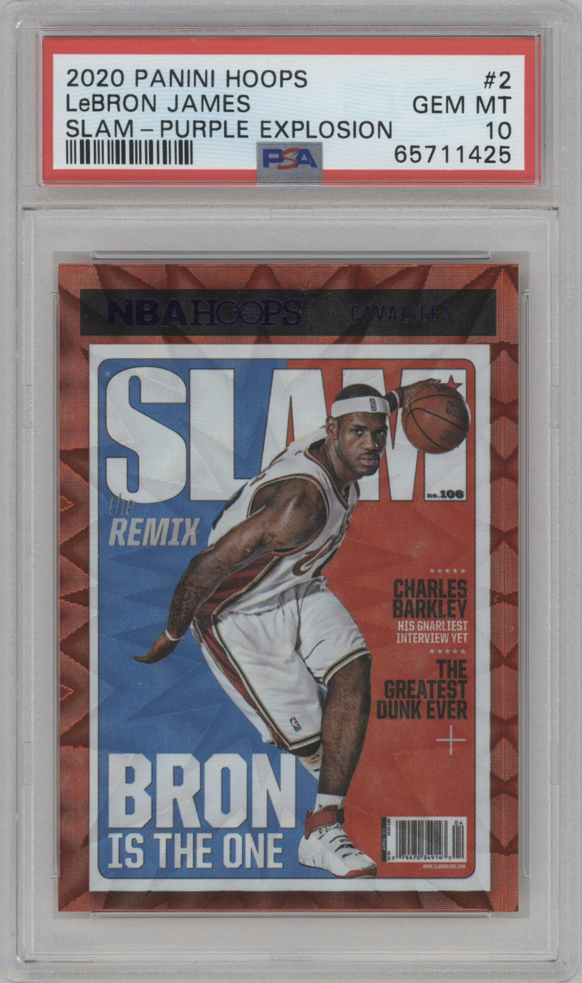 LeBron James from the 2020-21 Panini NBA Hoops set featuring a Purple Explosion parallel graded by PSA and given an overall grade of 10.