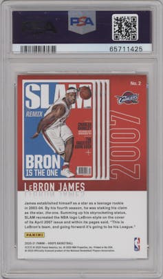 LeBron James from the 2020-21 Panini NBA Hoops set featuring a Purple Explosion parallel graded by PSA and given an overall grade of 10.