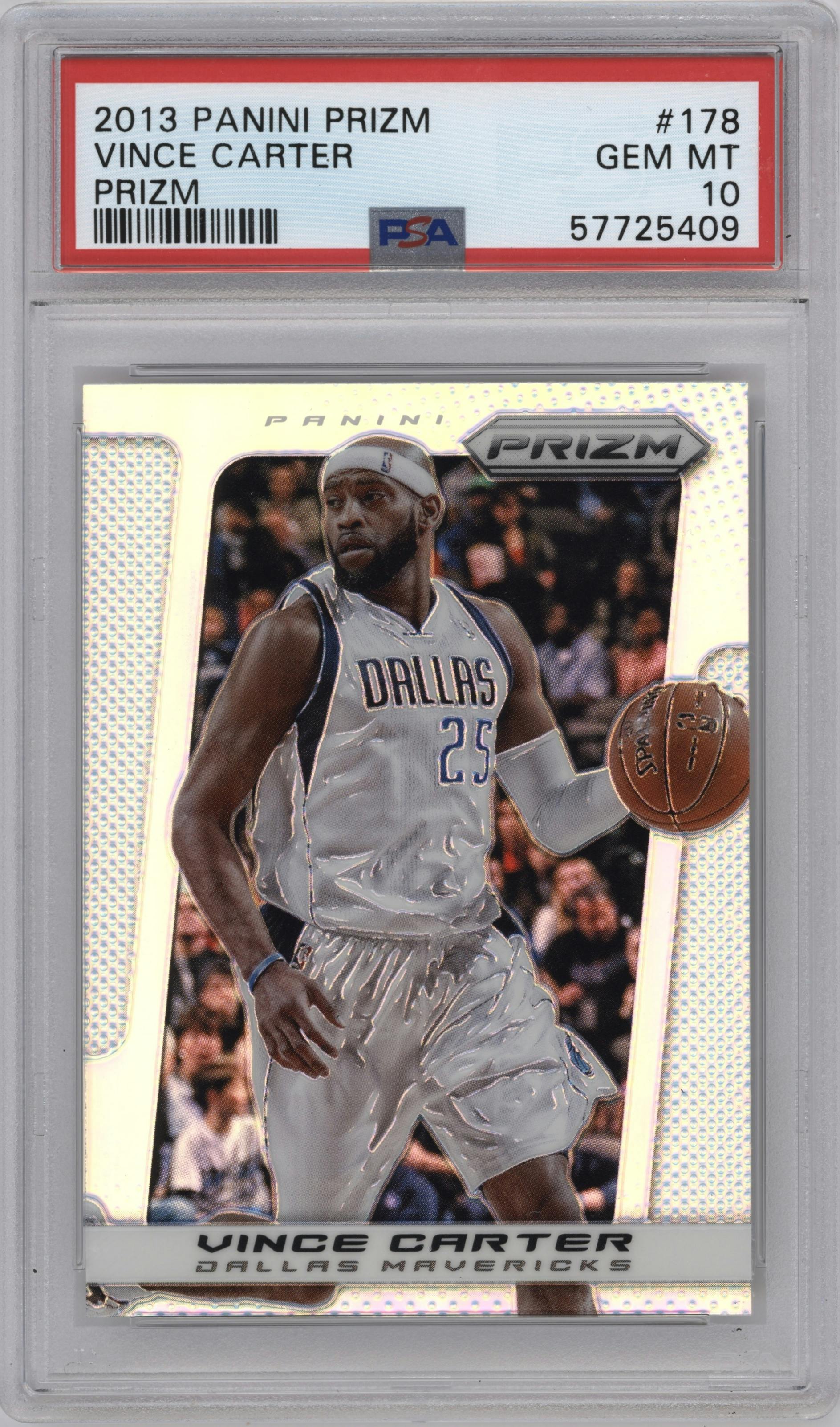 Vince Carter from the 2013-14 Panini Prizm set featuring a Prizm  parallel graded by PSA and given an overall grade of 10.
