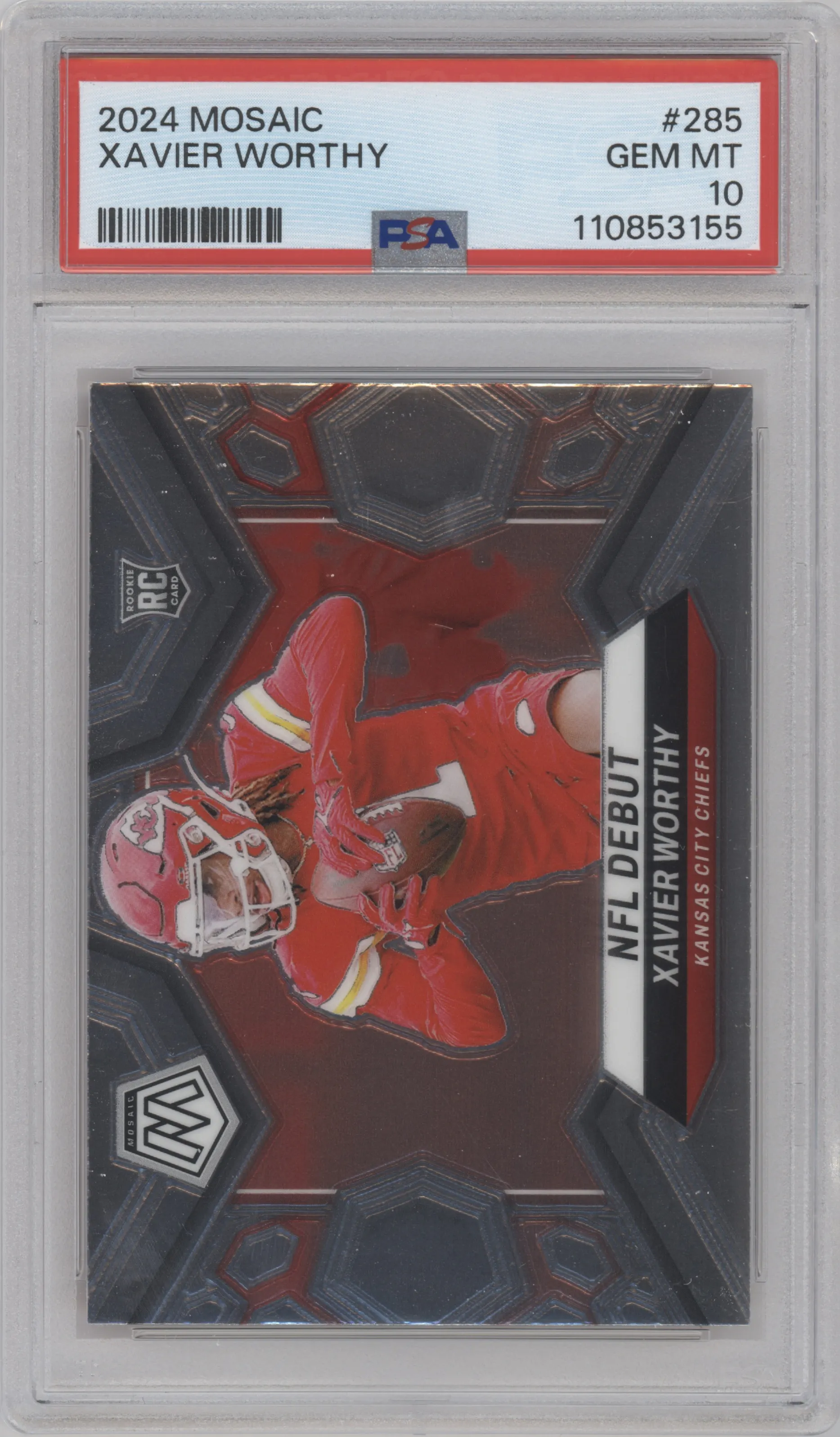Xavier Worthy from the 2024 Panini Mosaic set graded by PSA and given an overall grade of 10.