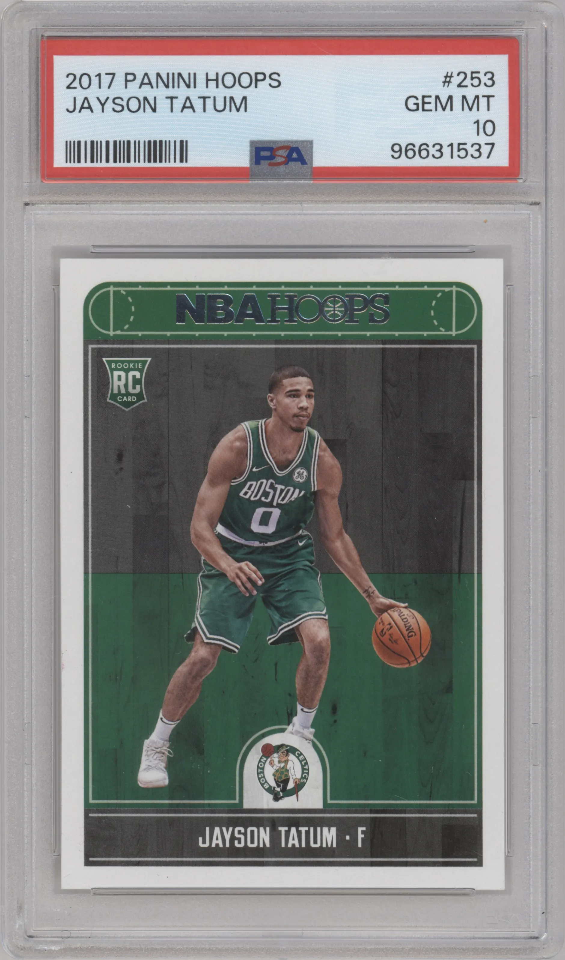Jayson Tatum from the 2017-18 Panini NBA Hoops set graded by PSA and given an overall grade of 10.