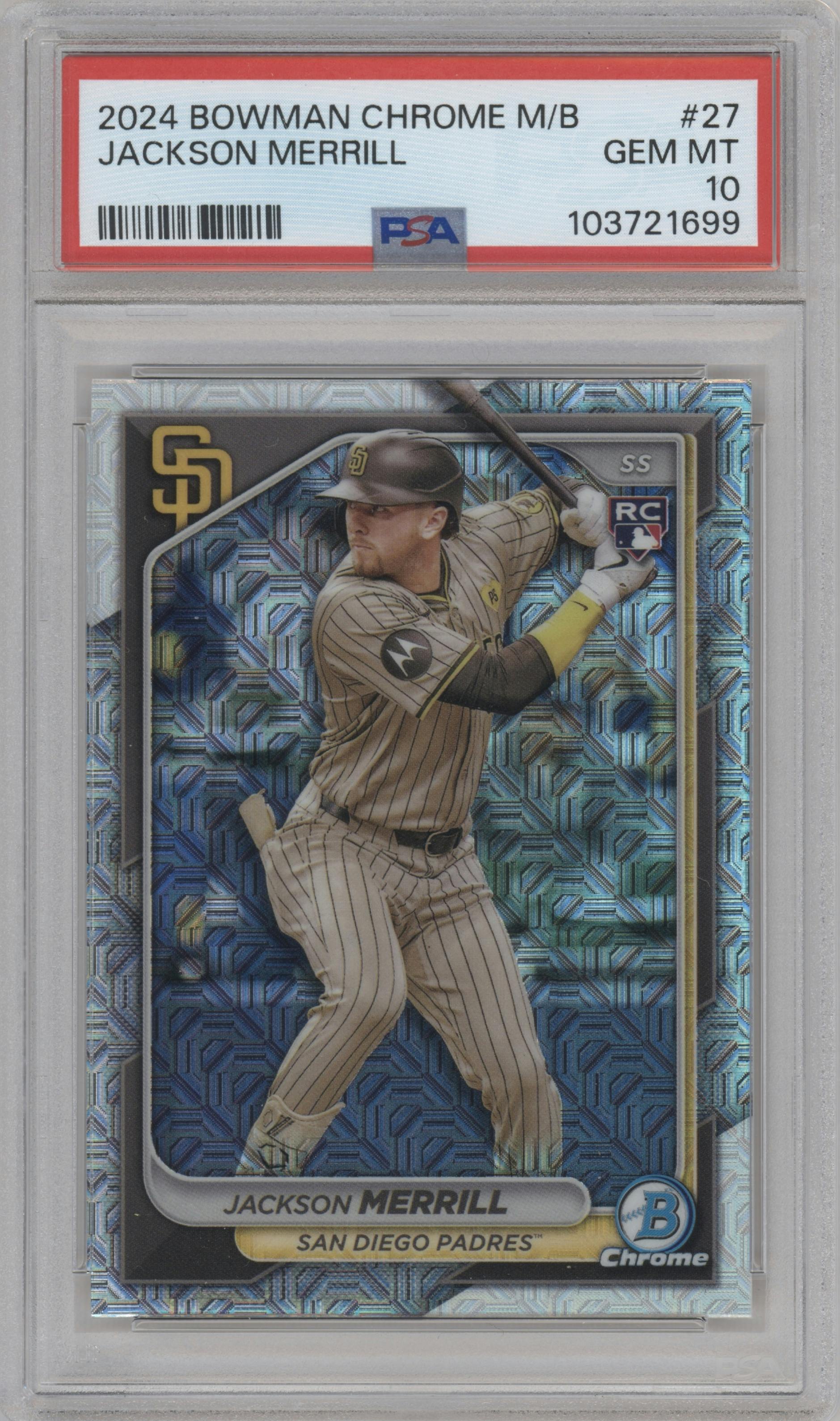 Jackson Merrill from the 2024 Bowman Chrome Mega Box set graded by PSA and given an overall grade of 10.