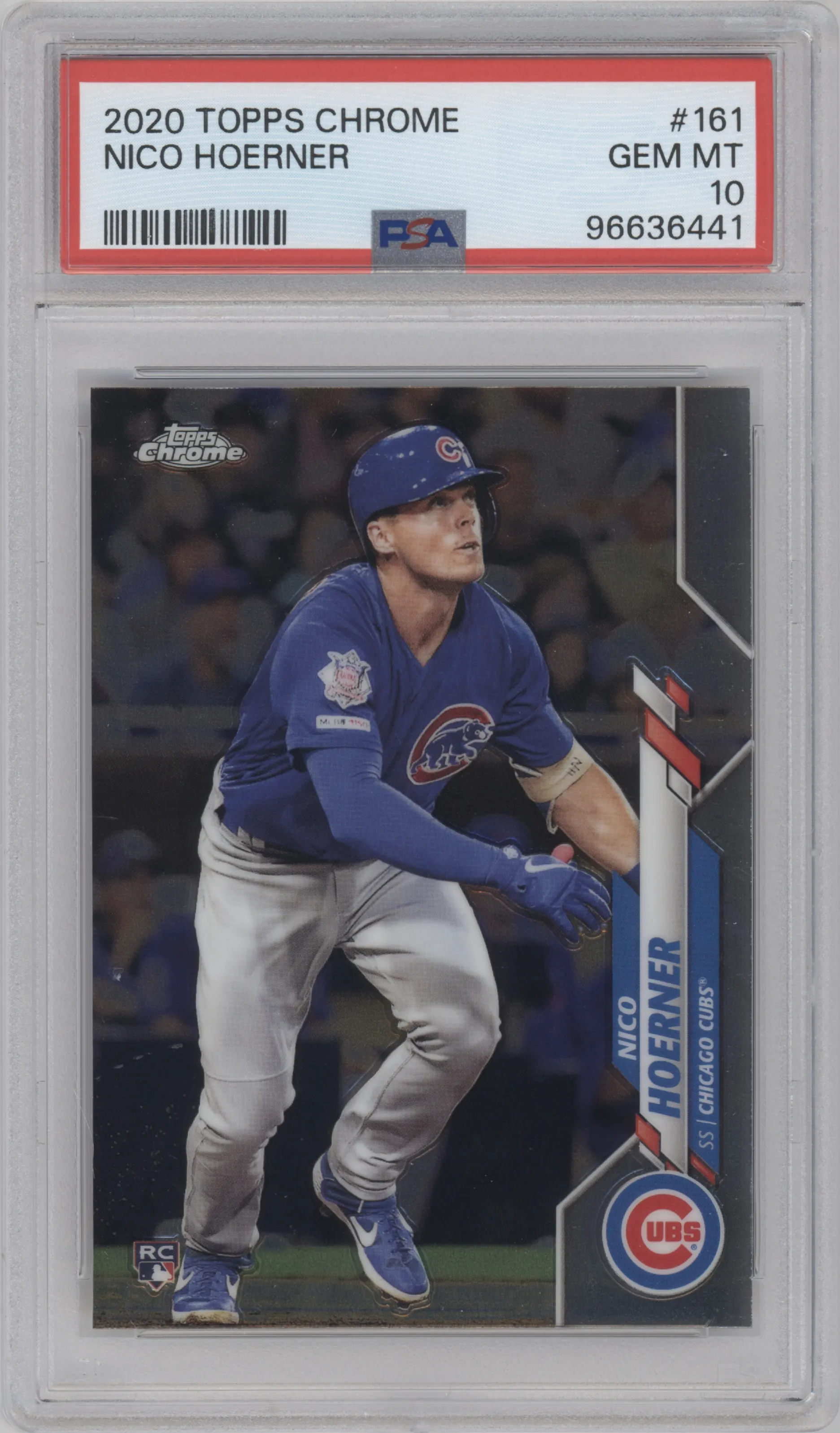Nico Hoerner from the 2020 Topps Chrome set graded by PSA and given an overall grade of 10.