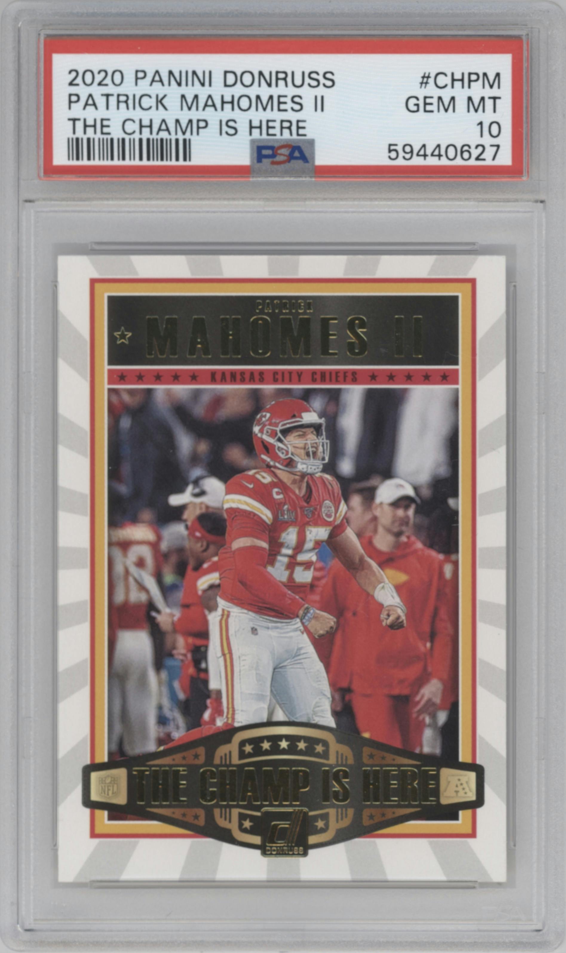 Patrick Mahomes II from the 2020 Panini Donruss set graded by PSA and given an overall grade of 10.