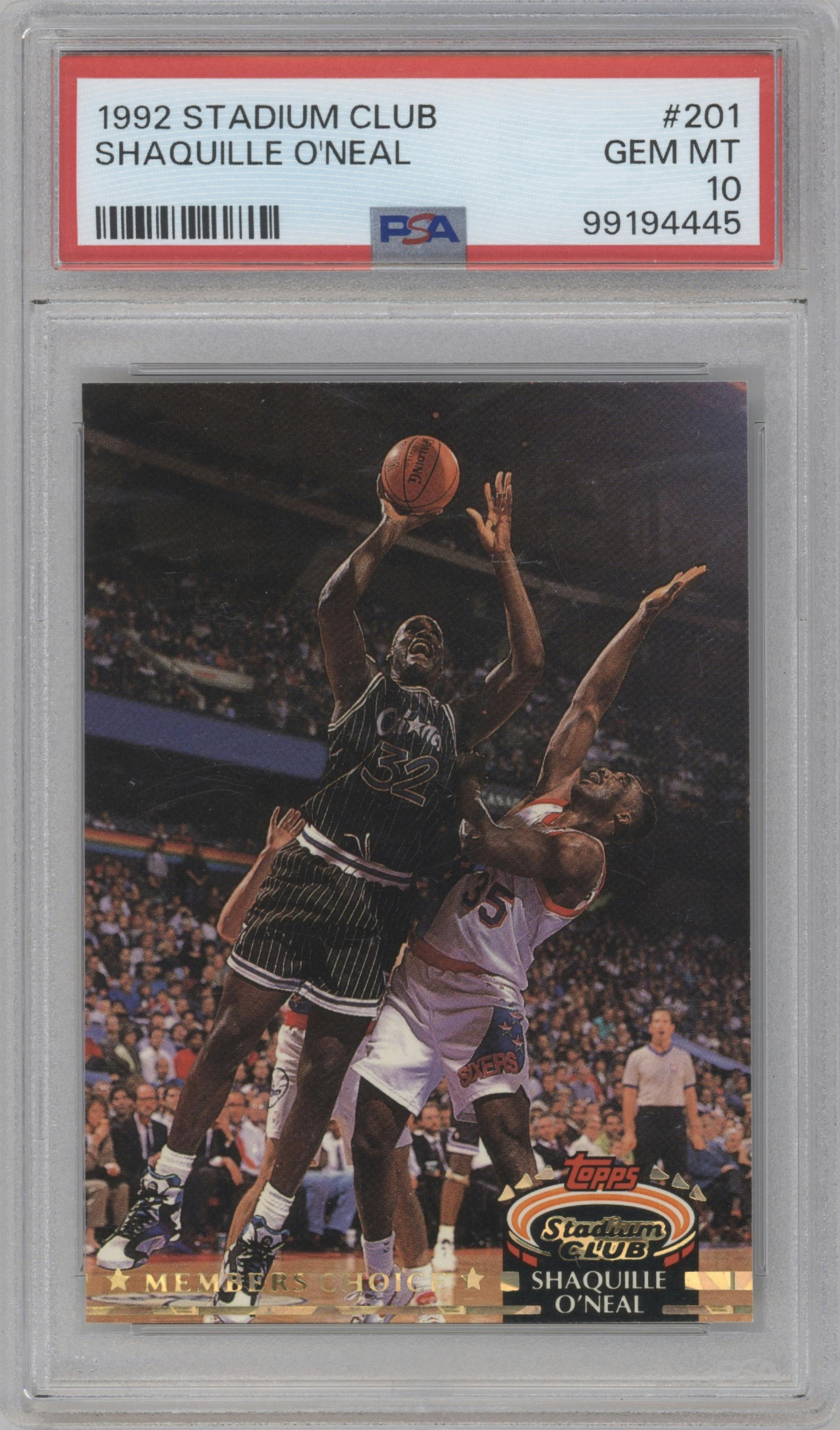 Shaquille O'neal from the 1992-93 Topps Stadium Club set graded by PSA and given an overall grade of 10.