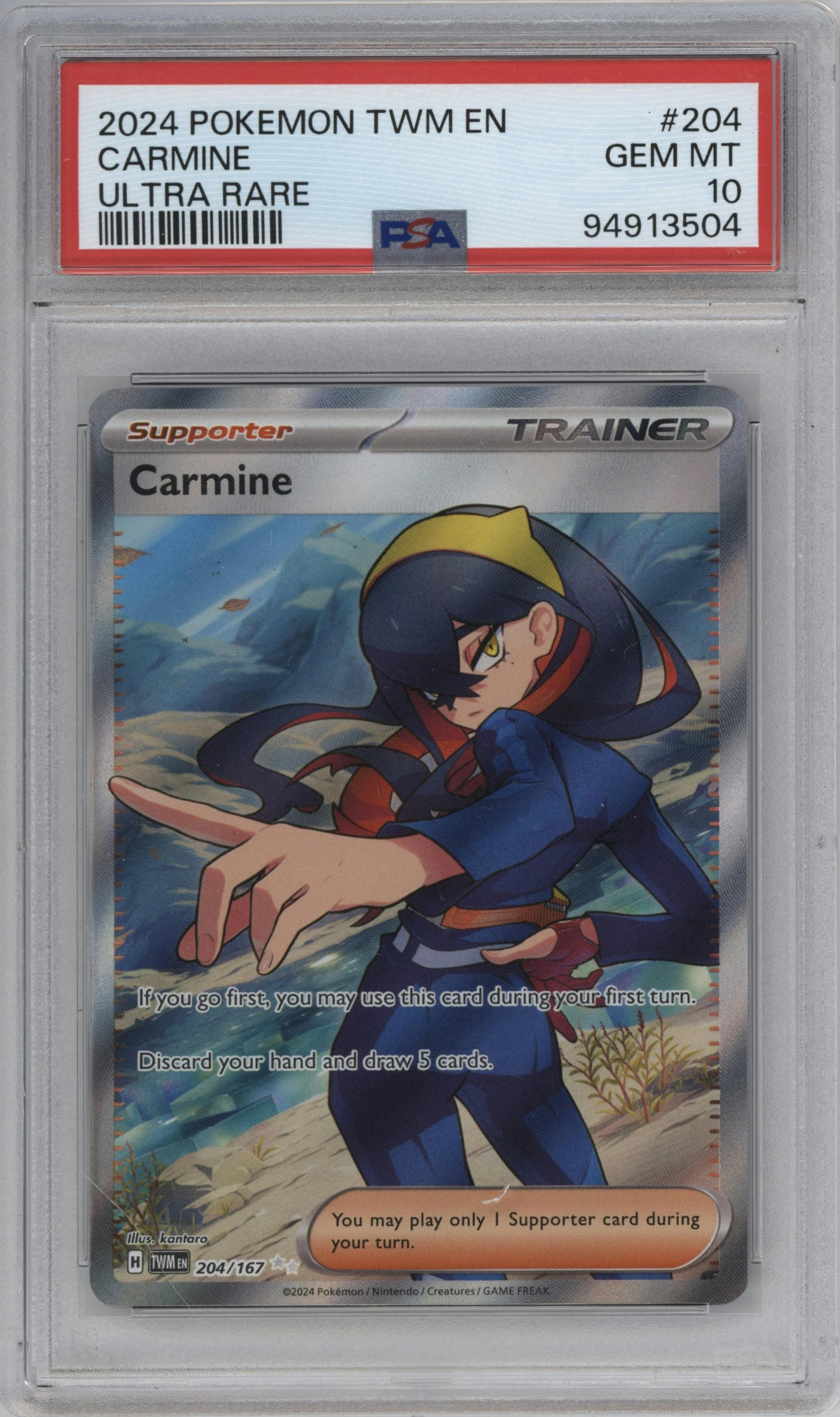Carmine from the 2024 Pokemon SV set graded by PSA and given an overall grade of 10.