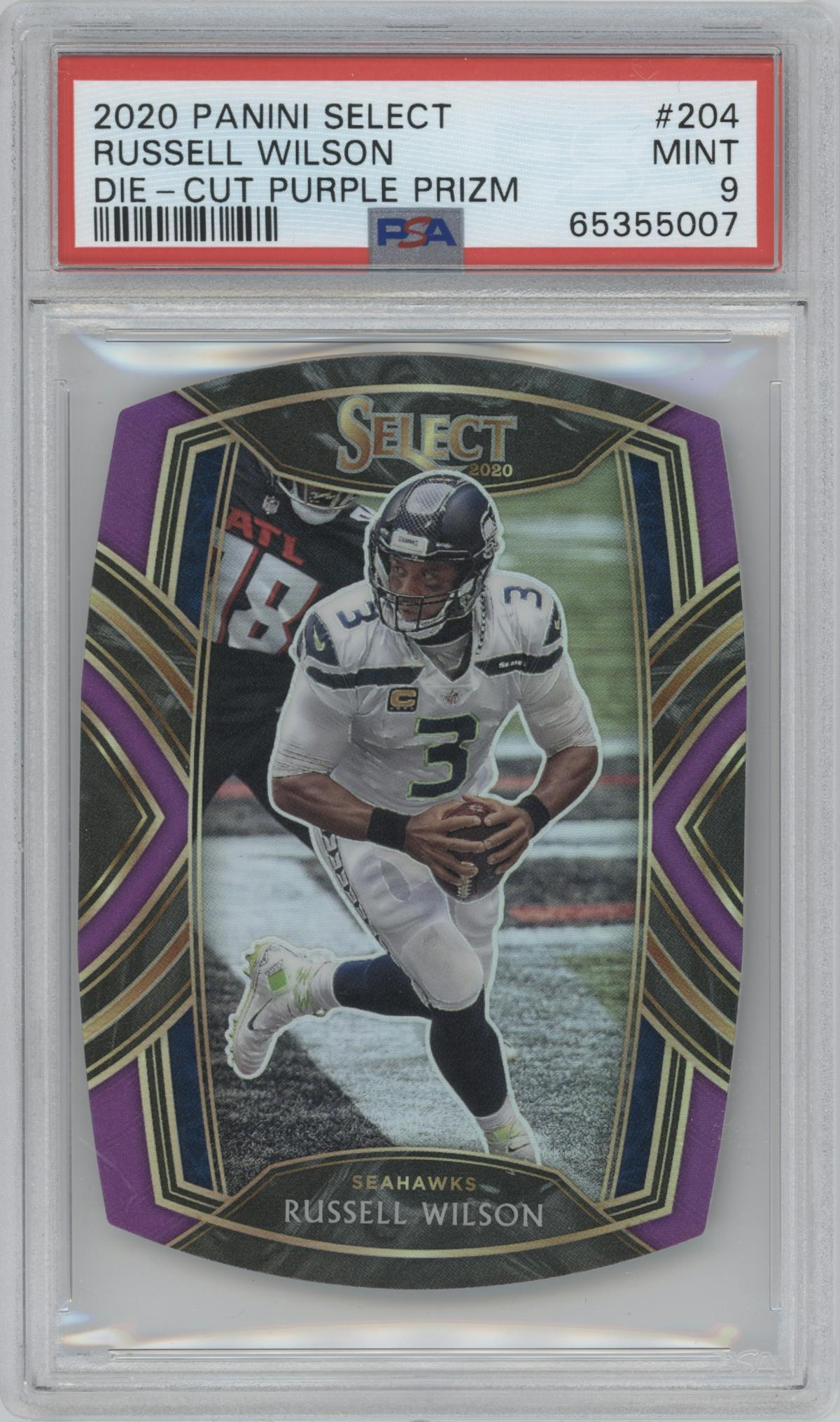 Russell Wilson from the 2020 Panini Select set featuring a Die-Cut Purple parallel graded by PSA and given an overall grade of 9.