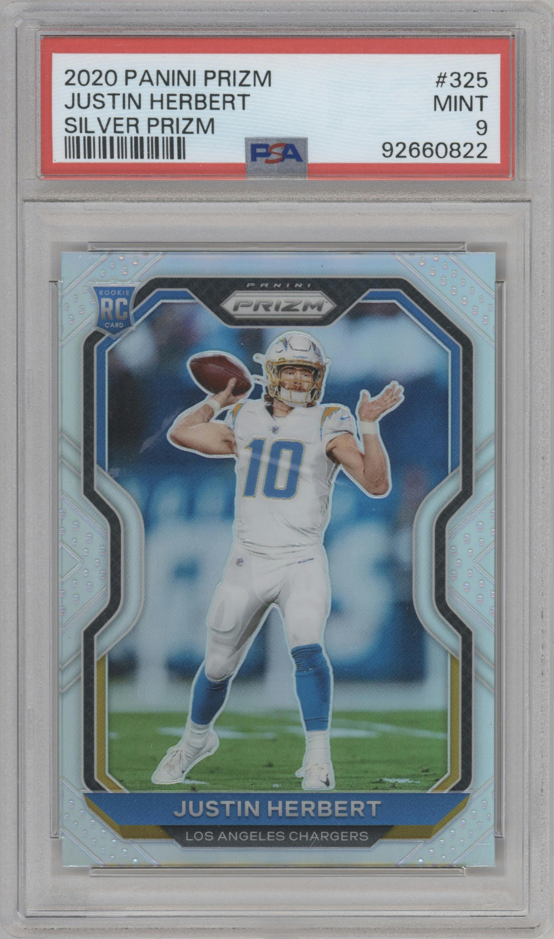 Justin Herbert from the 2020 Panini Prizm set featuring a Silver Prizm parallel graded by PSA and given an overall grade of 9.