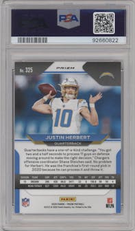 Justin Herbert from the 2020 Panini Prizm set featuring a Silver Prizm parallel graded by PSA and given an overall grade of 9.