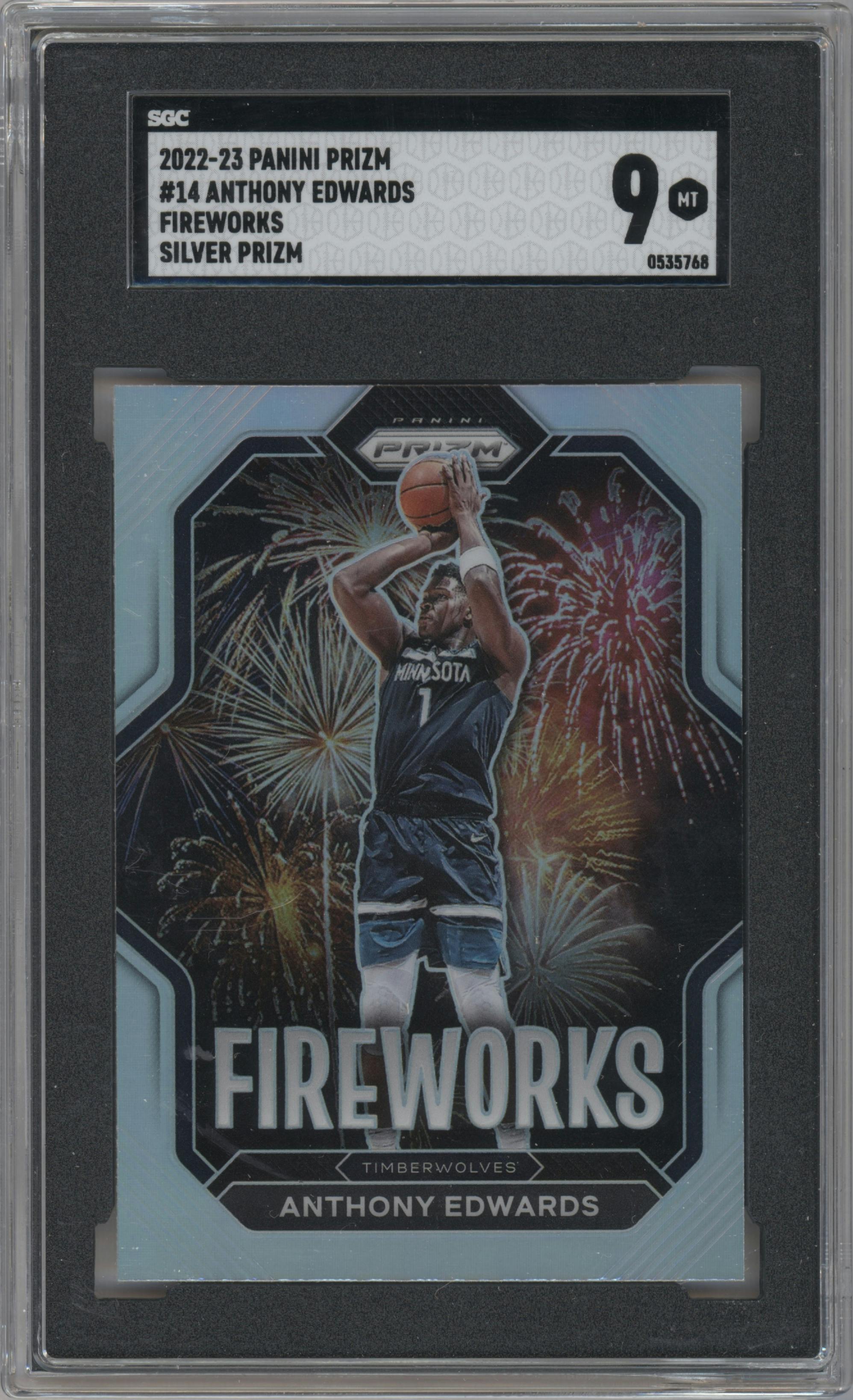 Anthony Edwards  from the 2022-23 Panini Prizm  set featuring a Silver parallel graded by SGC and given an overall grade of 9.