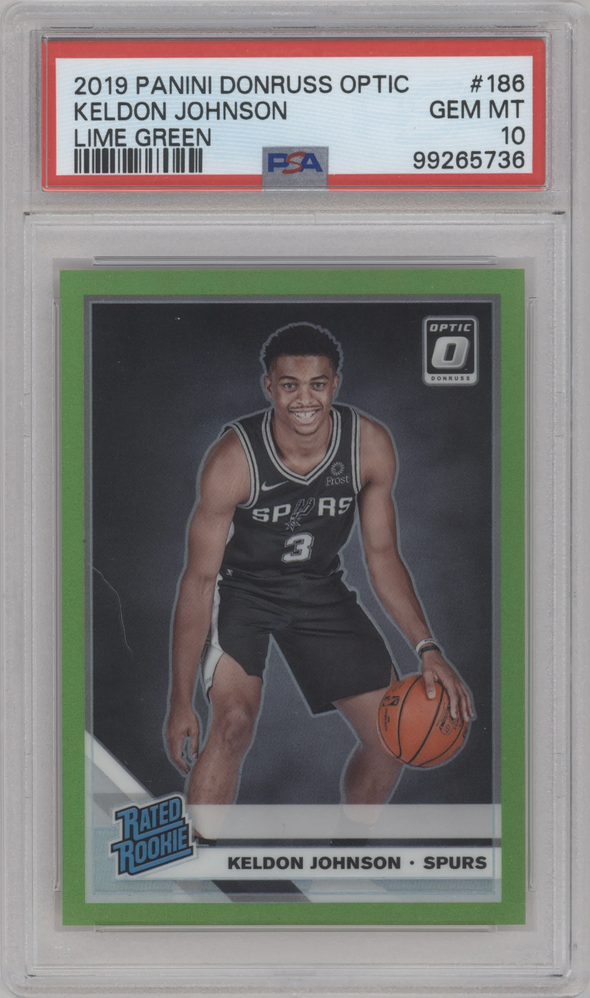 Keldon Johnson from the 2019-20 Panini Donruss Optic set featuring a Lime Green parallel graded by PSA and given an overall grade of 10.