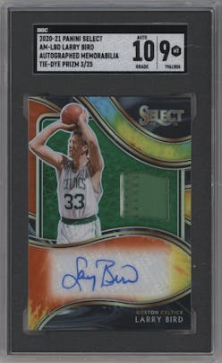 Larry Bird from the 2020-21 Panini Select  set featuring a Tie-Dye parallel graded by SGC and given an overall grade of 9.