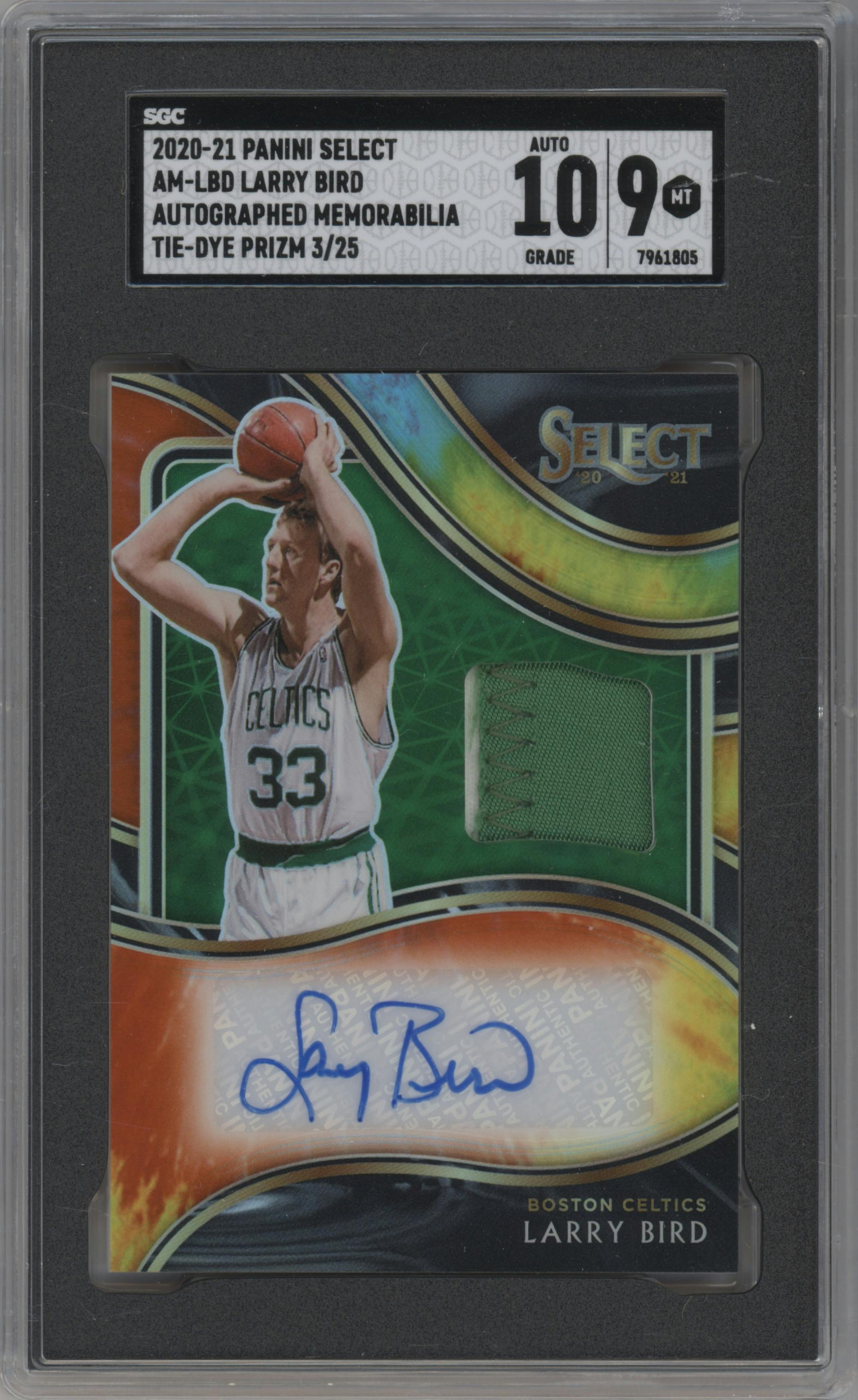 Larry Bird from the 2020-21 Panini Select  set featuring a Tie-Dye parallel graded by SGC and given an overall grade of 9.