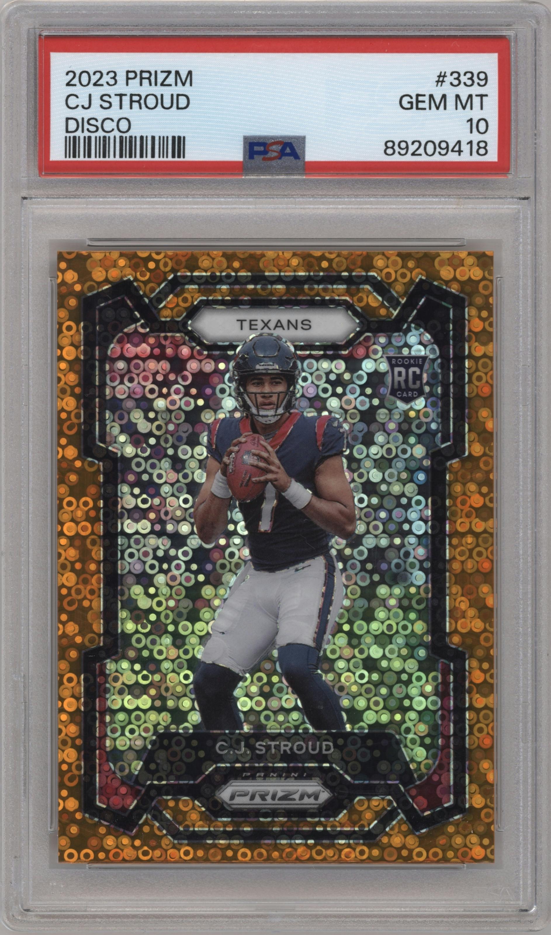 C.J. Stroud from the 2023 Panini Prizm set featuring a Disco parallel graded by PSA and given an overall grade of 10.