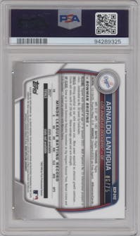Arnaldo Lantigua from the 2023 Bowman Chrome set featuring a Yellow/Orange Vapor parallel graded by PSA and given an overall grade of 10.