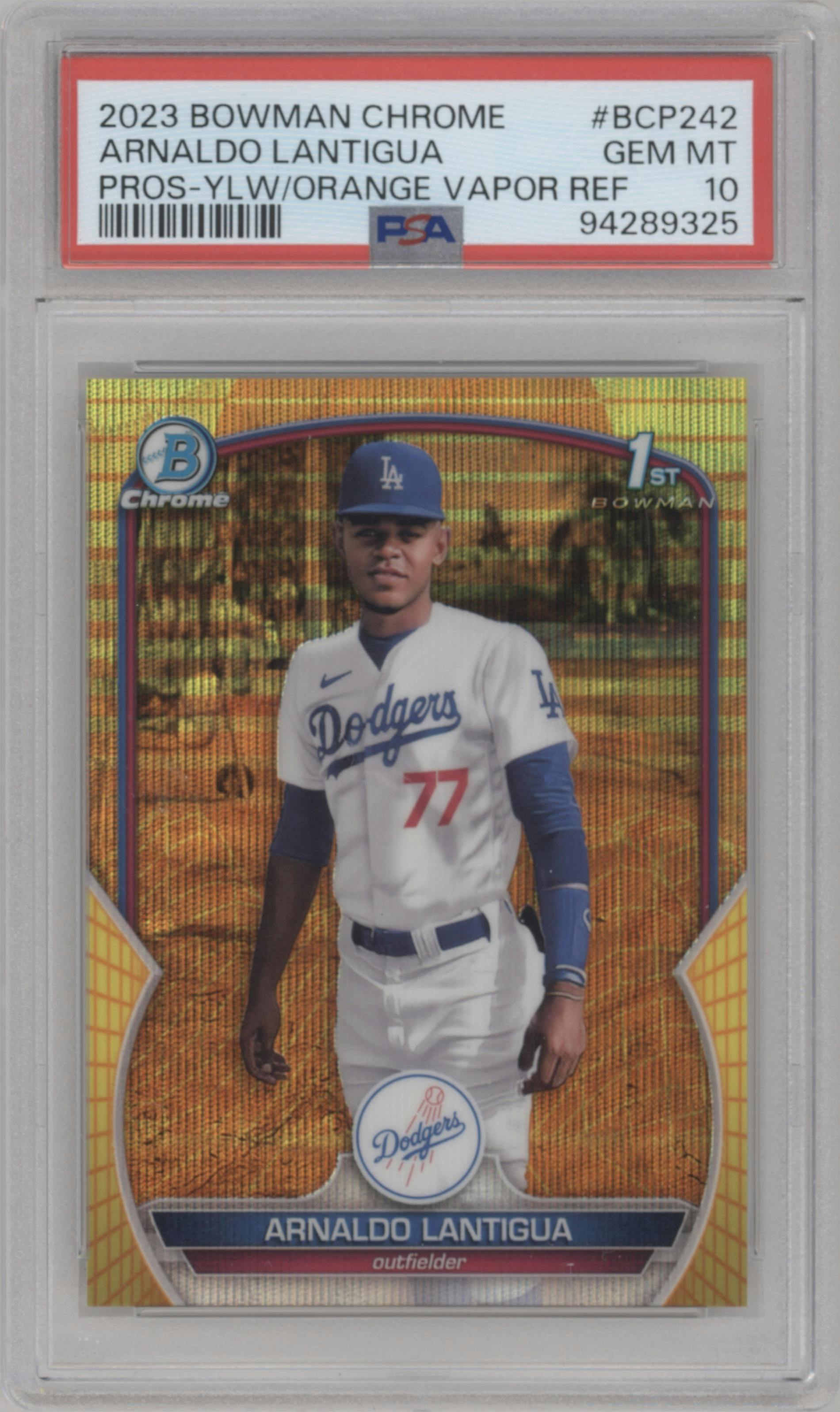 Arnaldo Lantigua from the 2023 Bowman Chrome set featuring a Yellow/Orange Vapor parallel graded by PSA and given an overall grade of 10.