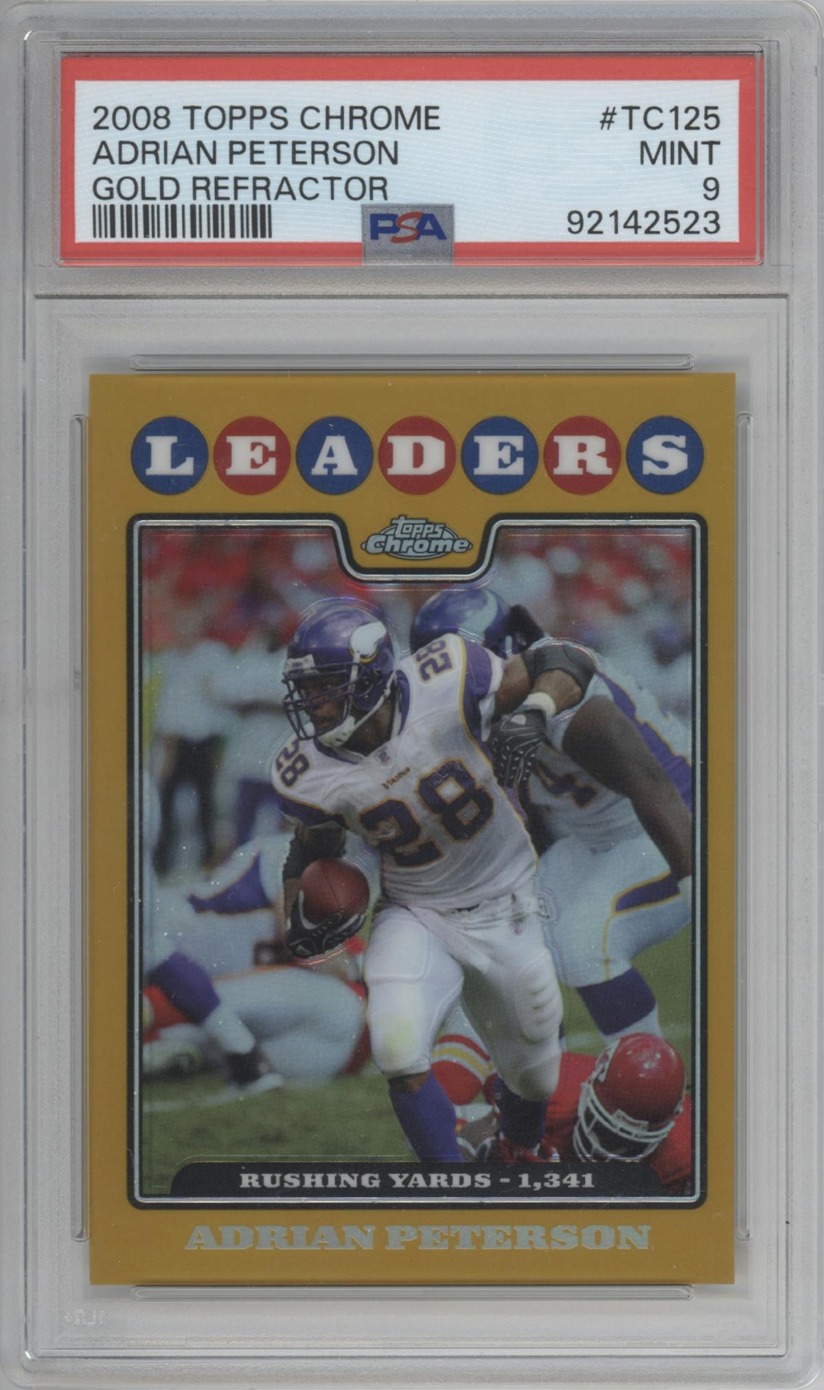 Adrian Peterson from the 2008 Topps Chrome set featuring a Gold Refractor parallel graded by PSA and given an overall grade of 9.