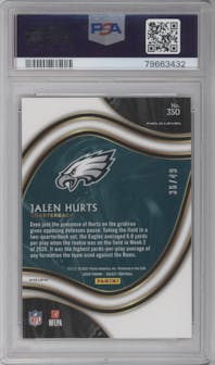 Jalen Hurts from the 2020 Panini Select set featuring a Disco Red parallel graded by PSA and given an overall grade of 10.