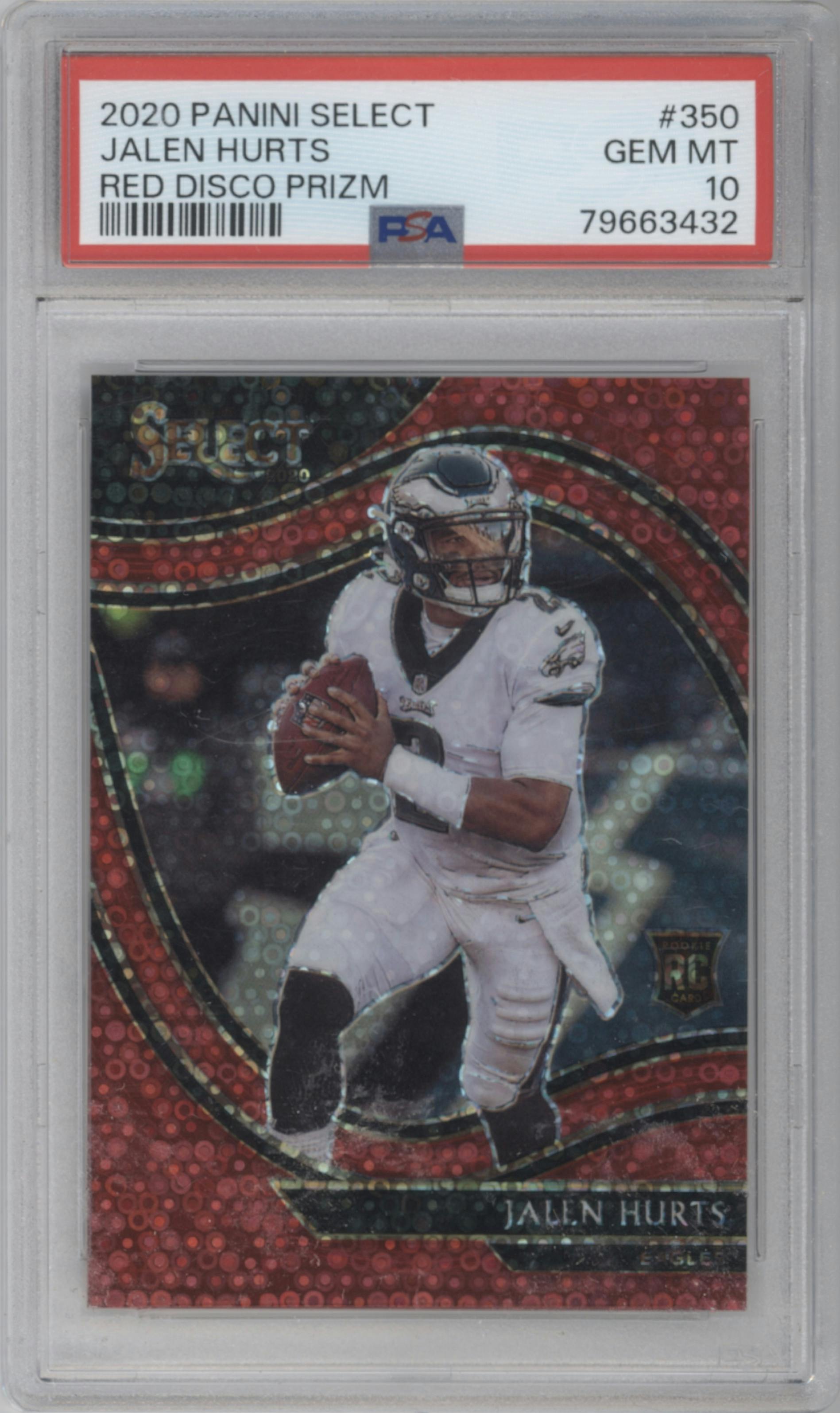 Jalen Hurts from the 2020 Panini Select set featuring a Disco Red parallel graded by PSA and given an overall grade of 10.