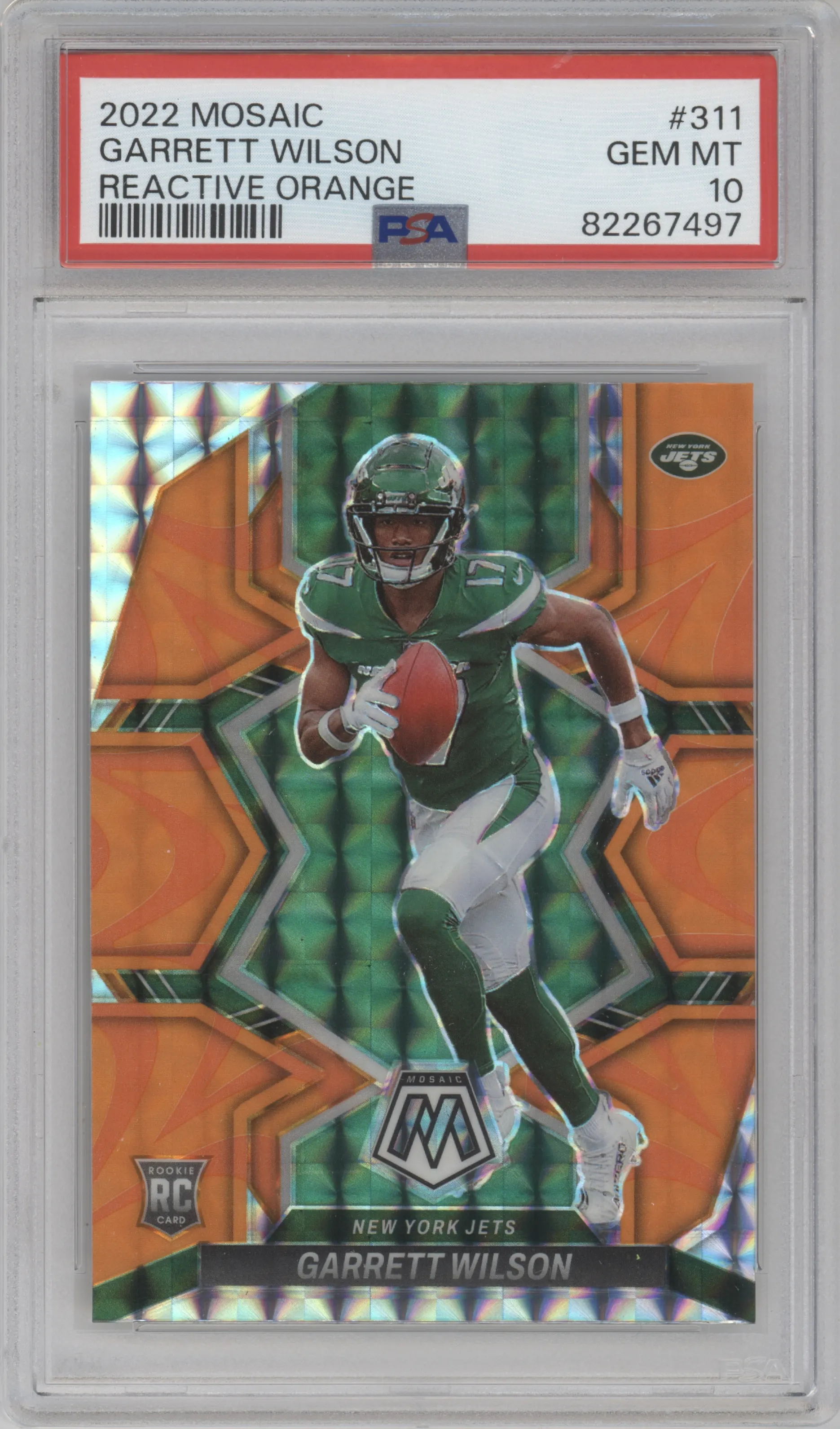 Garrett Wilson from the 2022 Panini Mosaic set featuring a Reactive Orange parallel graded by PSA and given an overall grade of 10.