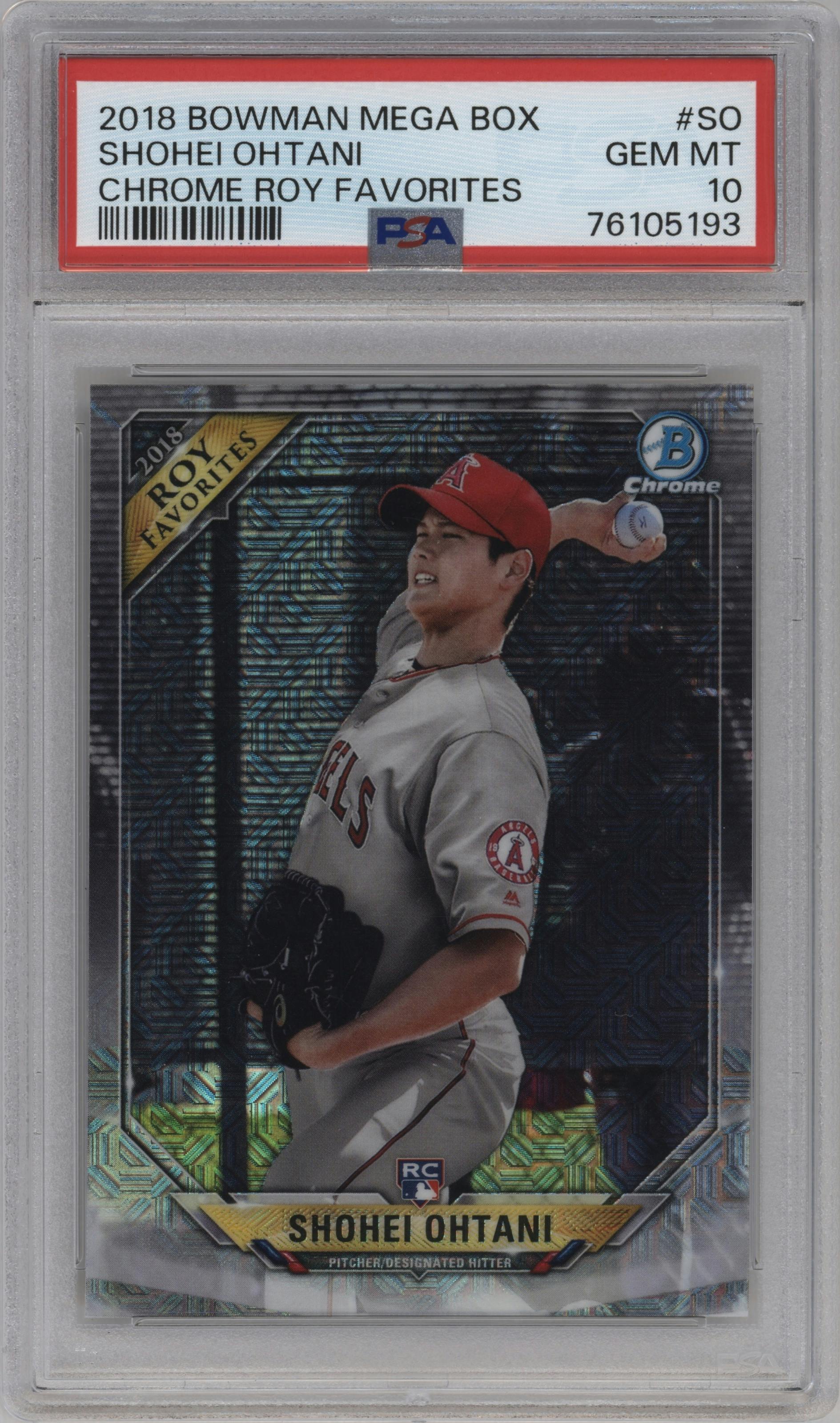 Shohei Ohtani from the 2018 Bowman Chrome Mega Box set graded by PSA and given an overall grade of 10.