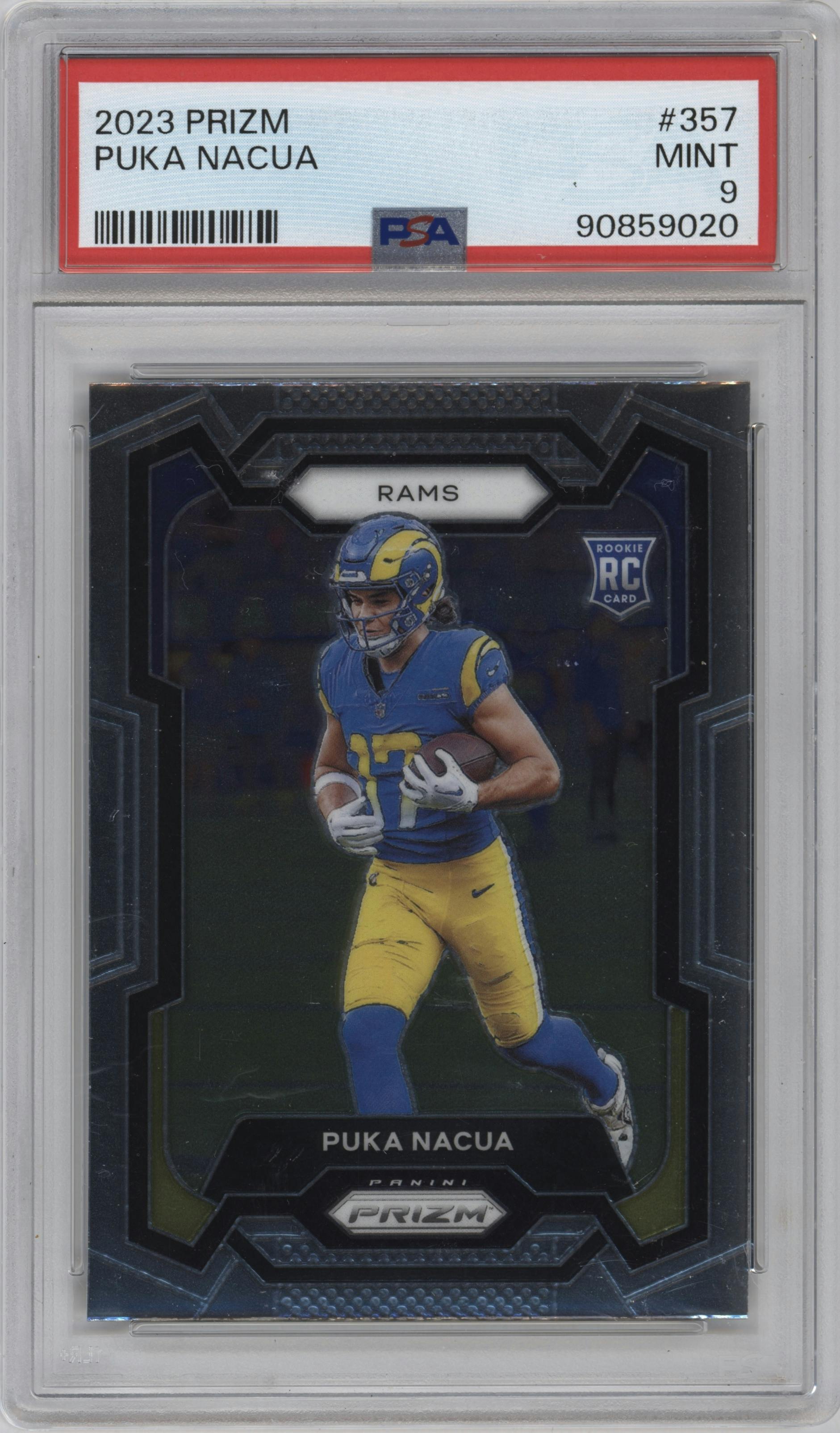 Puka Nacua from the 2023 Panini Prizm set graded by PSA and given an overall grade of 9.