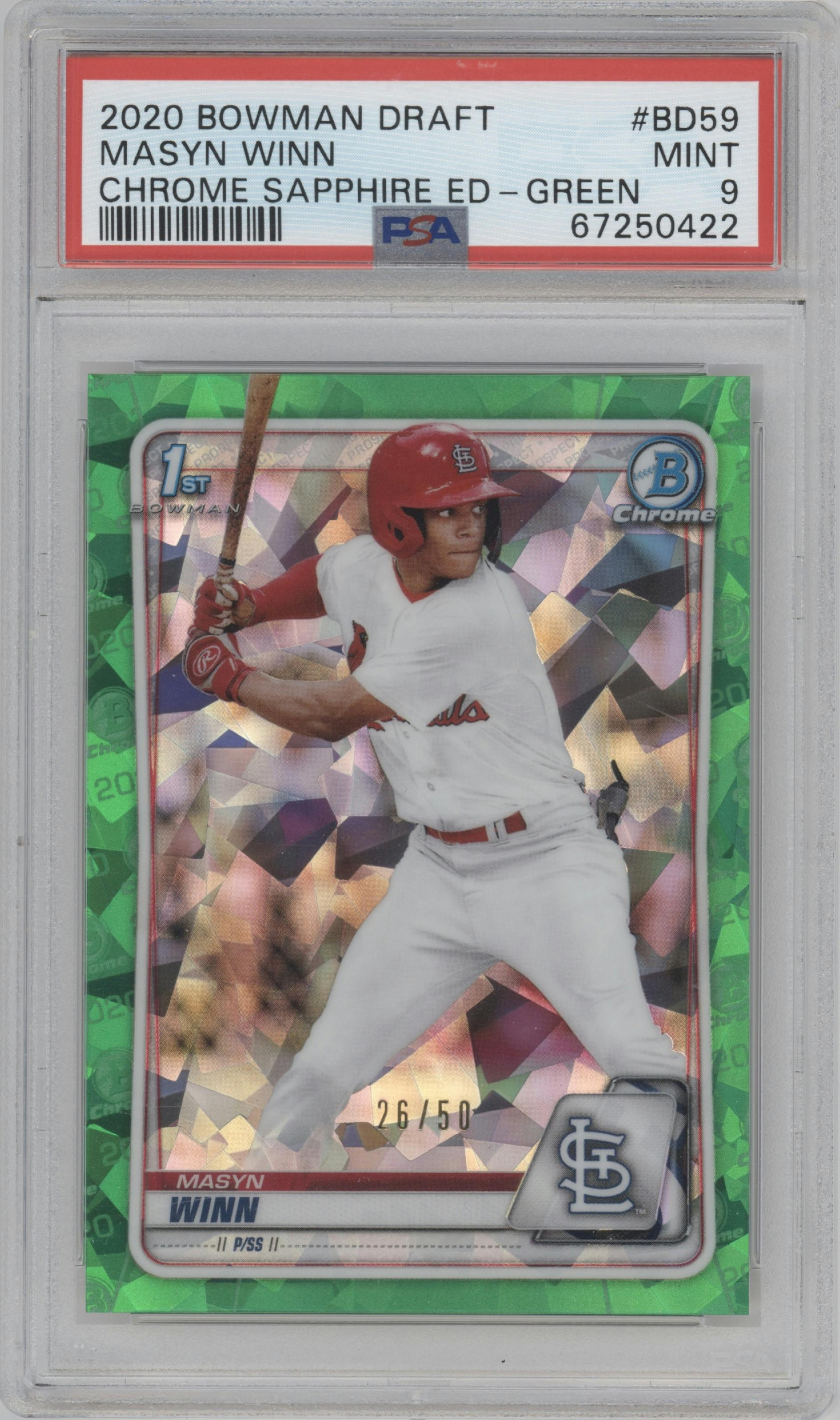 Masyn Winn from the 2020 Bowman Draft Sapphire set featuring a Green parallel graded by PSA and given an overall grade of 9.