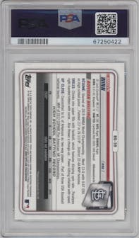 Masyn Winn from the 2020 Bowman Draft Sapphire set featuring a Green parallel graded by PSA and given an overall grade of 9.