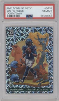 Justin Fields from the 2021 Panini Donruss Optic set graded by PSA and given an overall grade of 10.