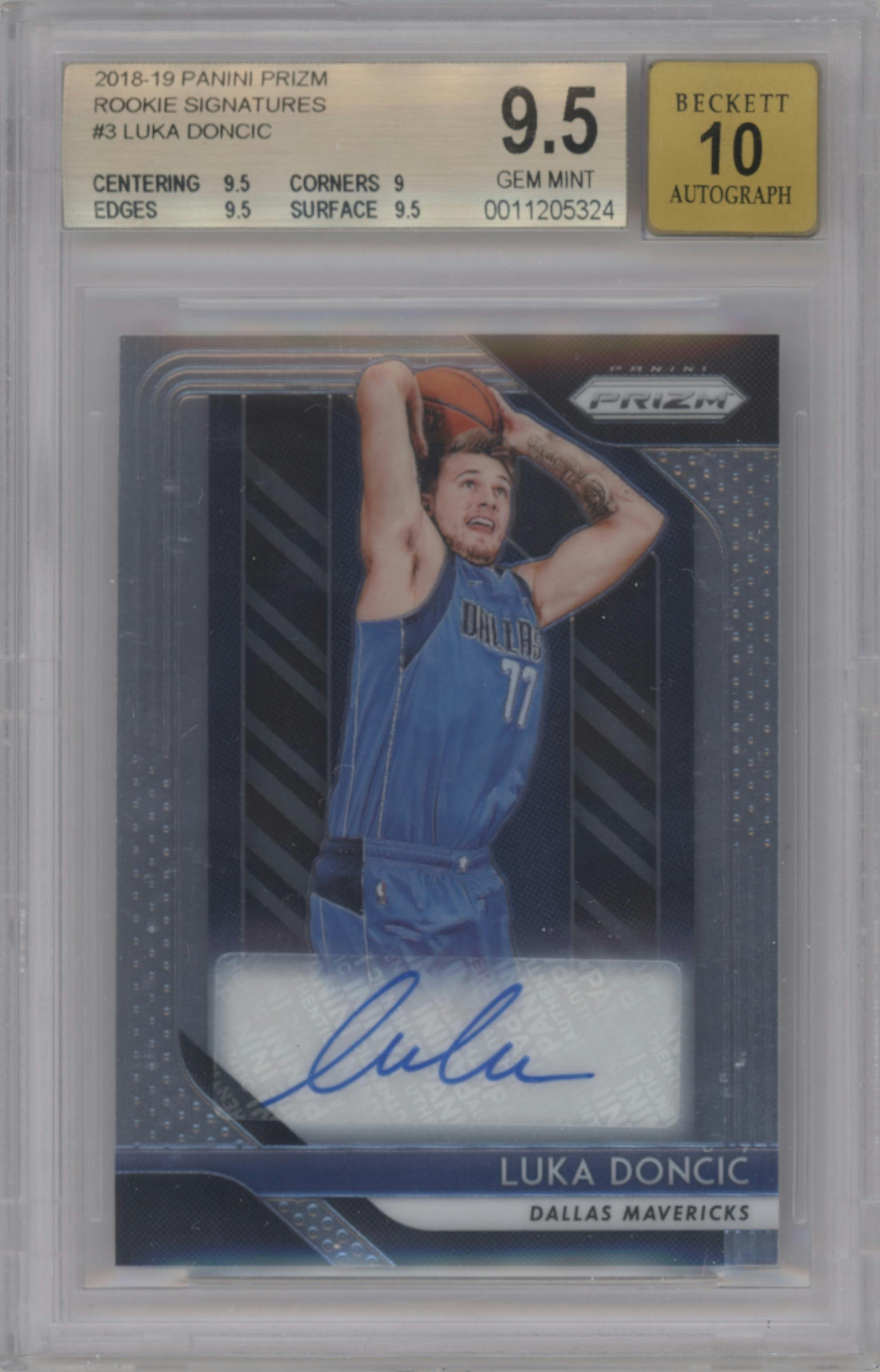 Luka Doncic from the 2018-19 Panini Prizm set graded by Beckett and given an overall grade of 9.5.