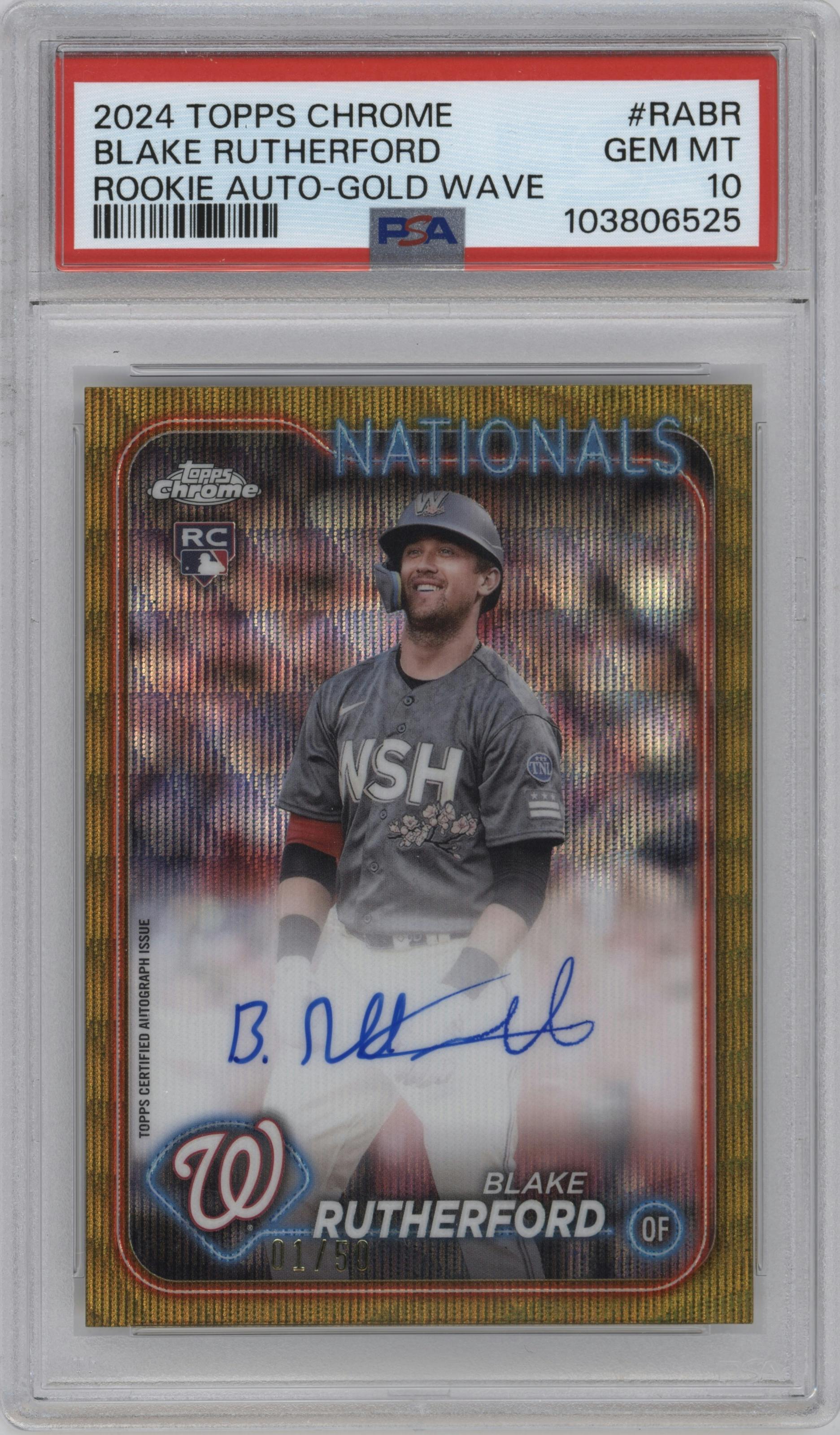 Blake Rutherford  from the 2024 Topps Chrome set featuring a Gold Wave Refractor parallel graded by PSA and given an overall grade of 10.