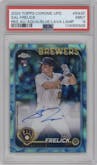 Sal Frelick from the 2024 Topps Chrome Update set featuring a Lava Lamp Aqua / Blue Refractors parallel graded by PSA and given an overall grade of 9.