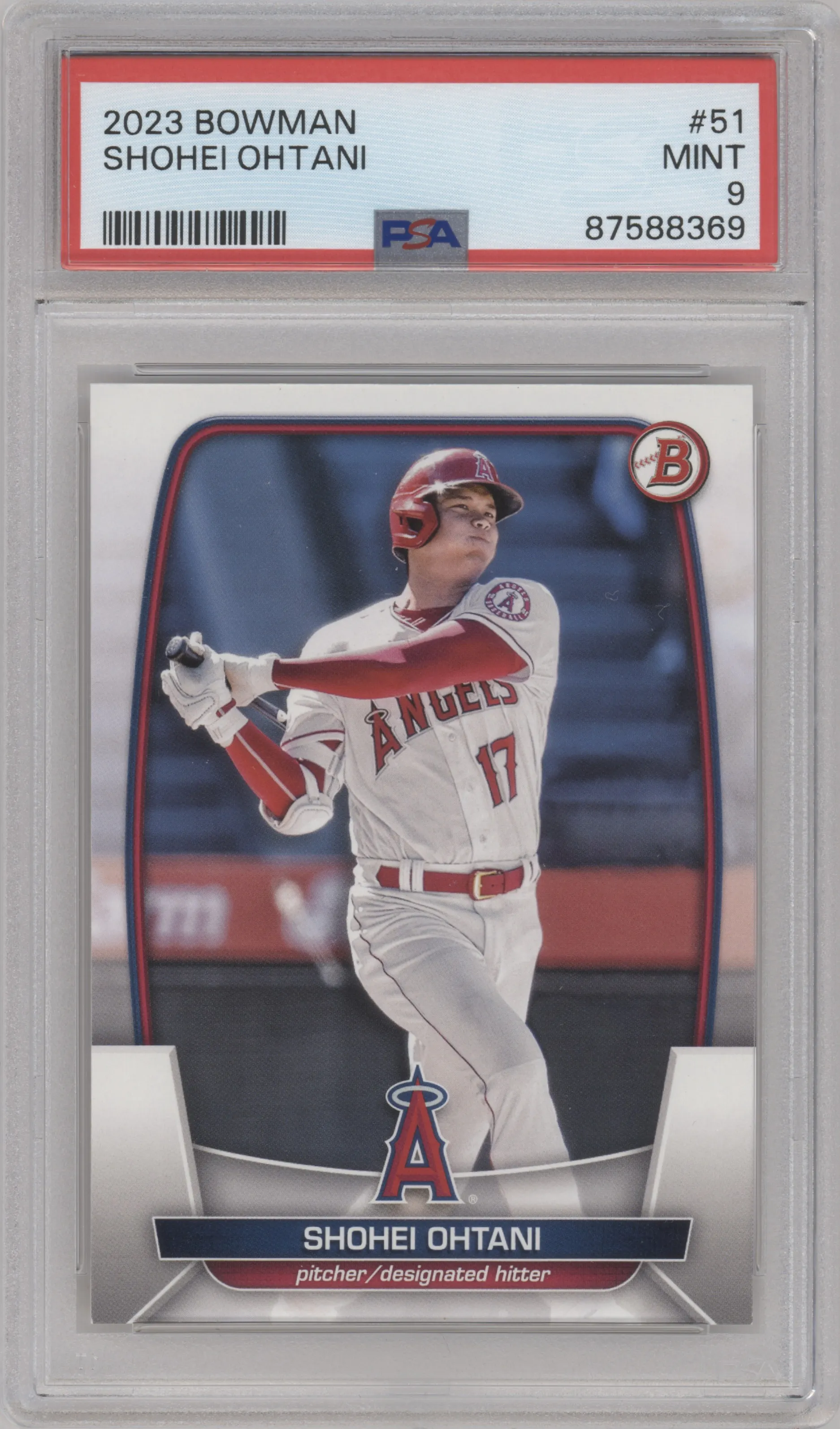 Shohei Ohtani from the 2023 Bowman  set graded by PSA and given an overall grade of 9.