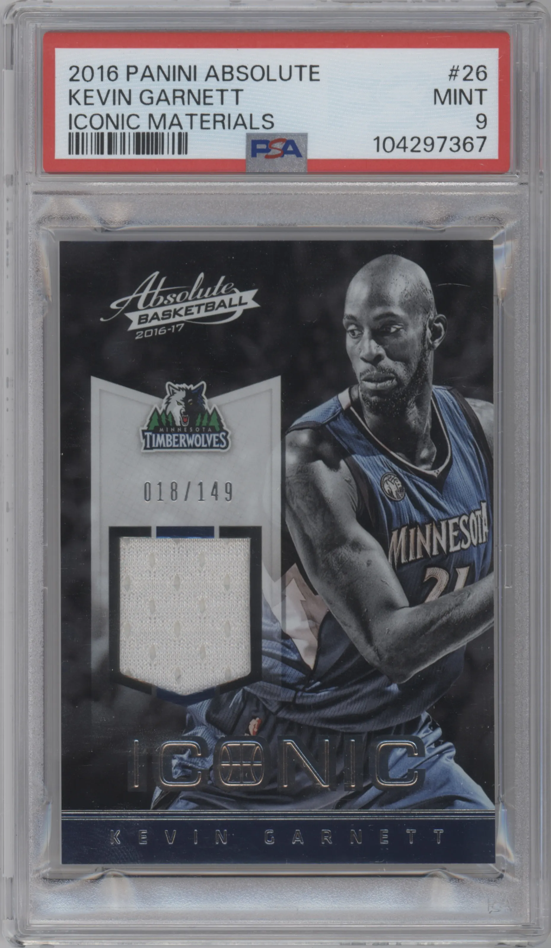Kevin Garnett from the 2016-17 Panini Absolute  set graded by PSA and given an overall grade of 9.