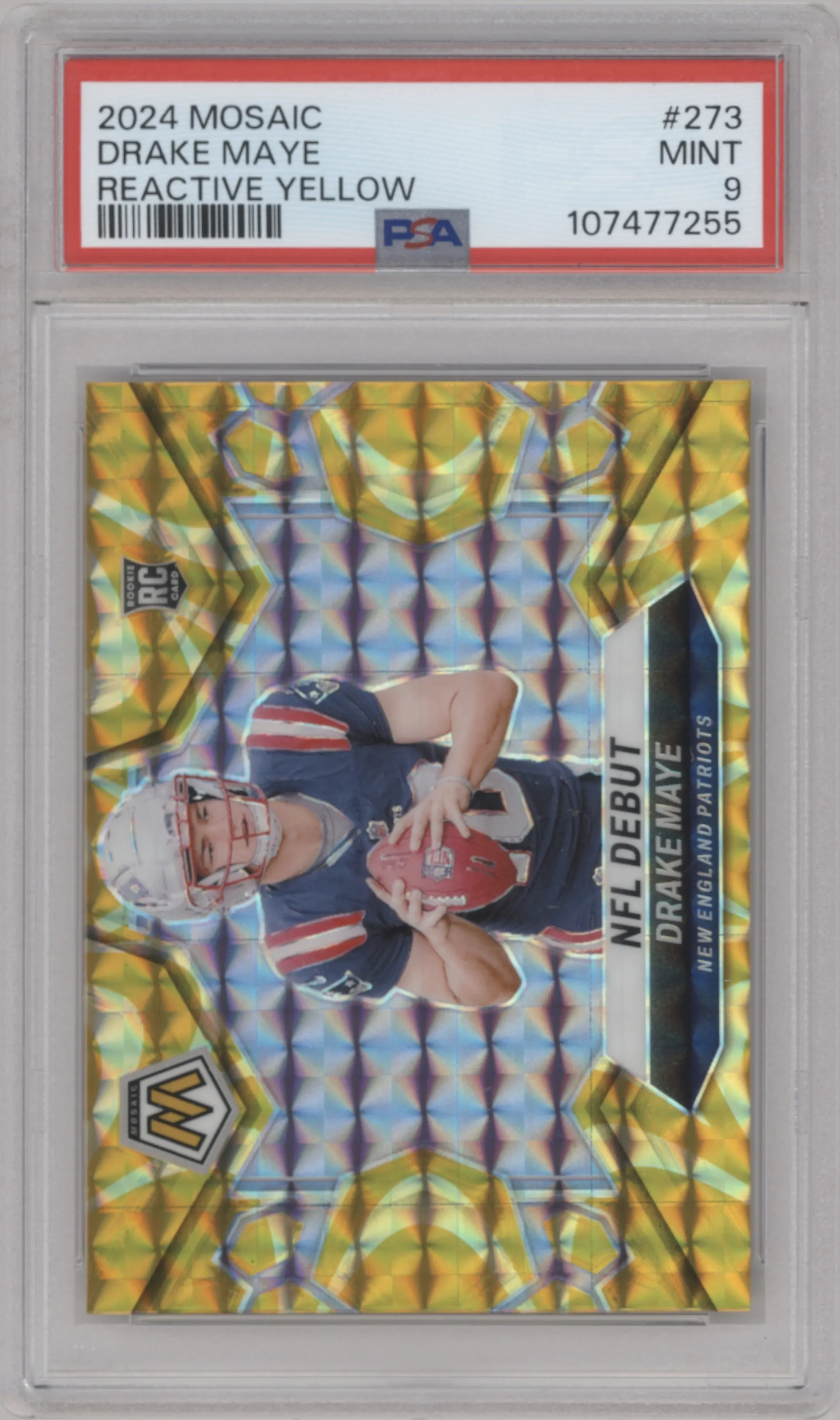 Drake Maye from the 2024 Panini Mosaic set featuring a Reactive Yellow parallel graded by PSA and given an overall grade of 9.