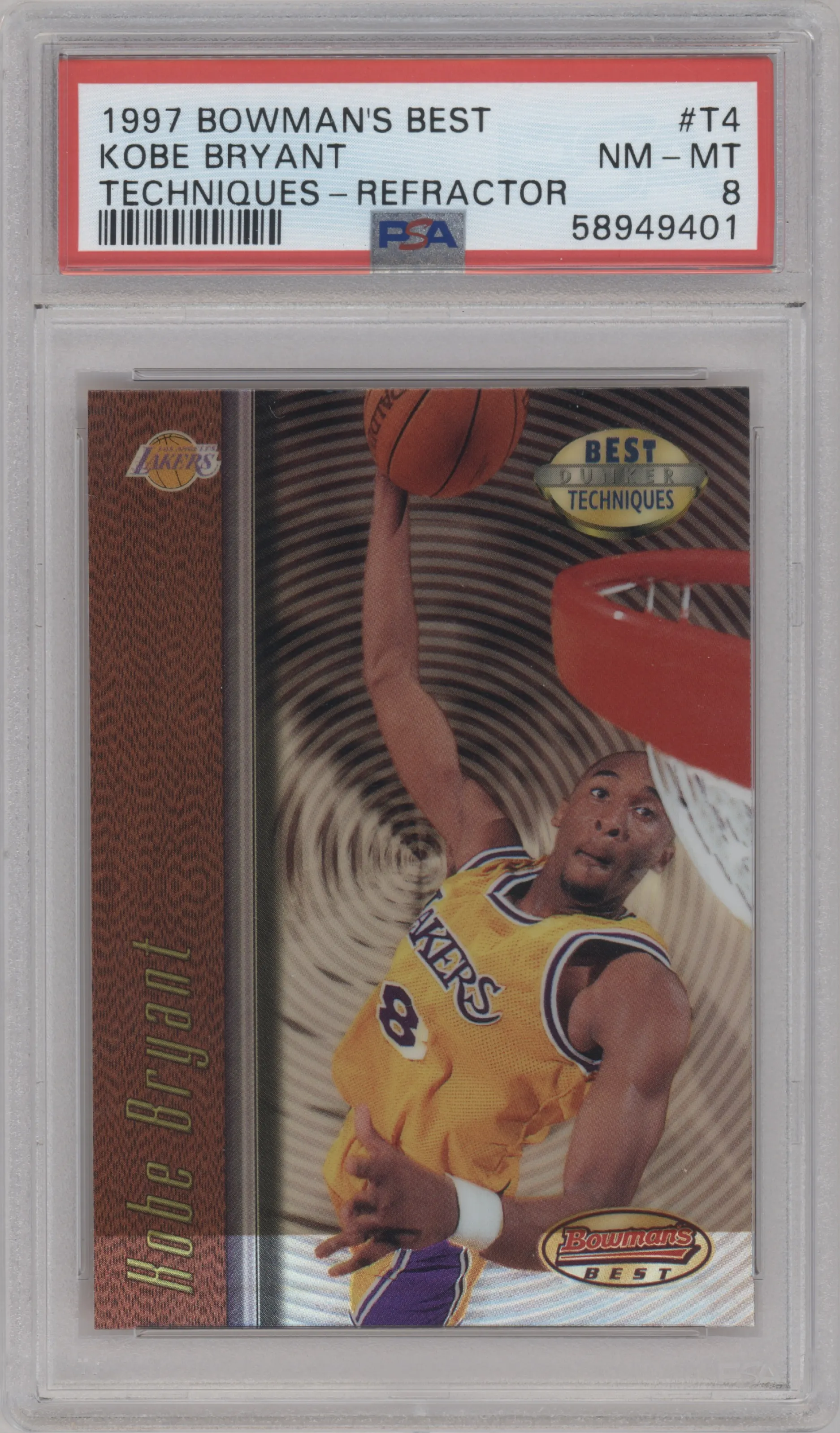 Kobe Bryant from the 1997-98 Bowman's Best set featuring a Refractor parallel graded by PSA and given an overall grade of 8.
