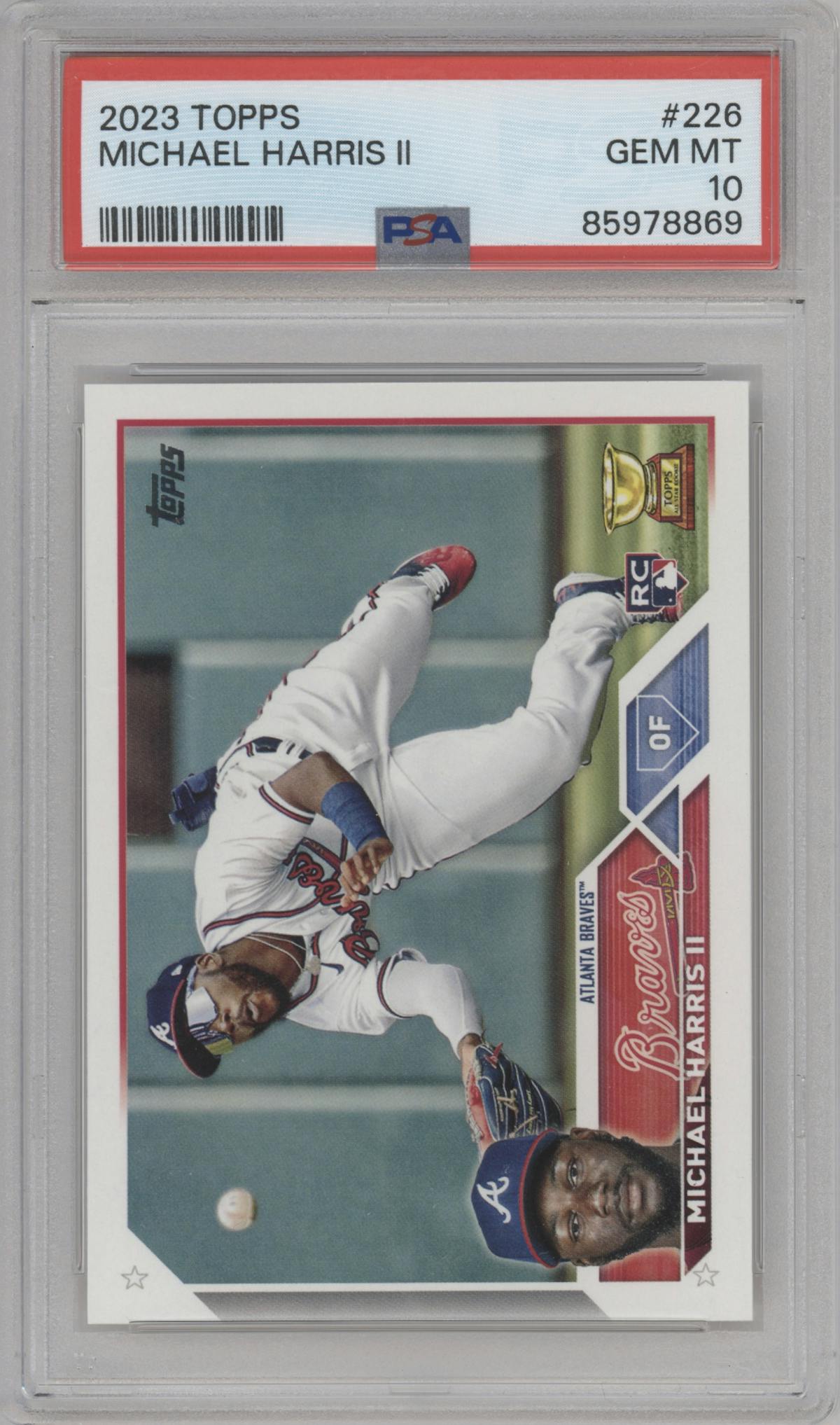 Michael Harris II from the 2023 Topps set graded by PSA and given an overall grade of 10.