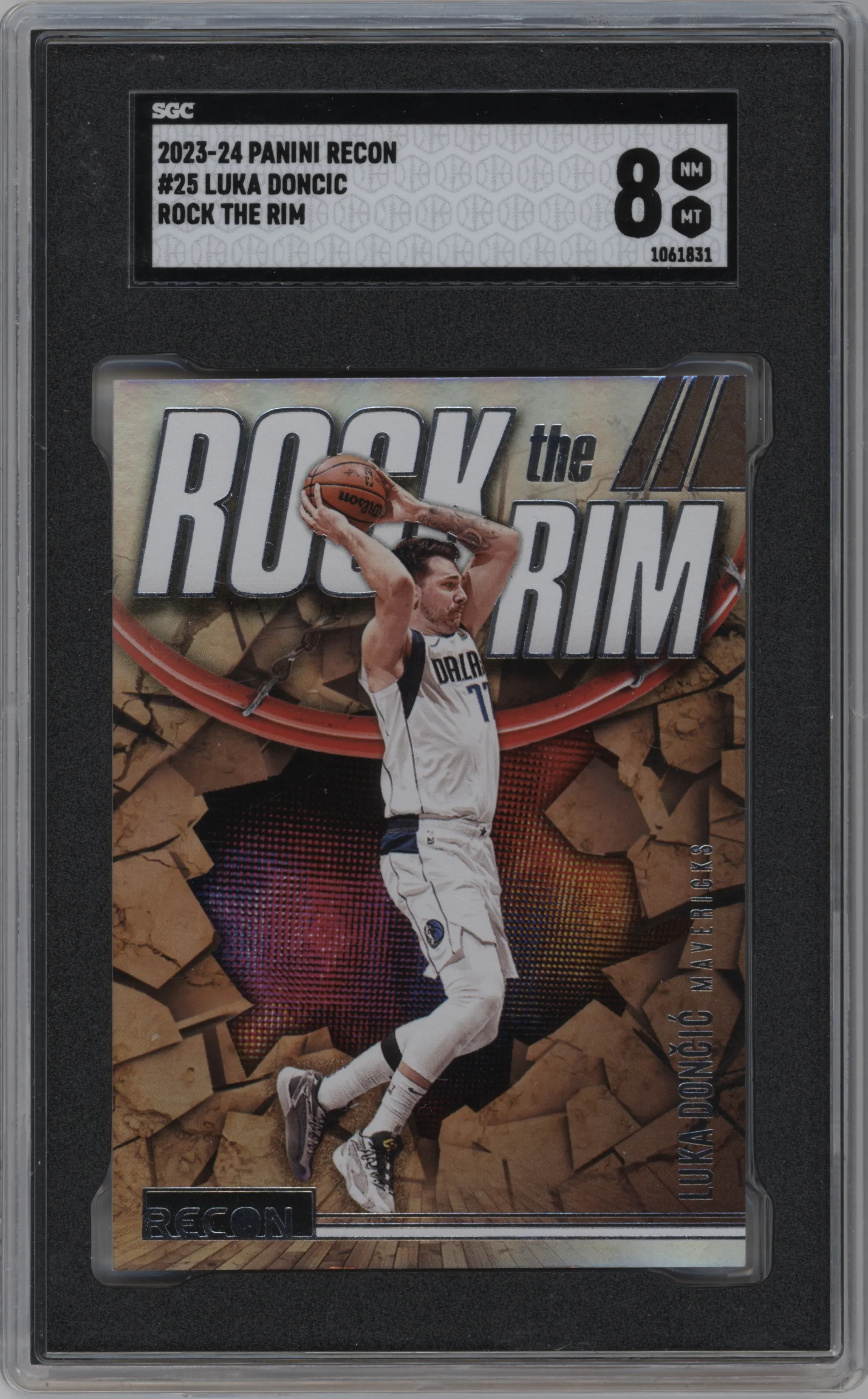Luka Doncic from the 2023-24 Panini Recon set graded by SGC and given an overall grade of 8.
